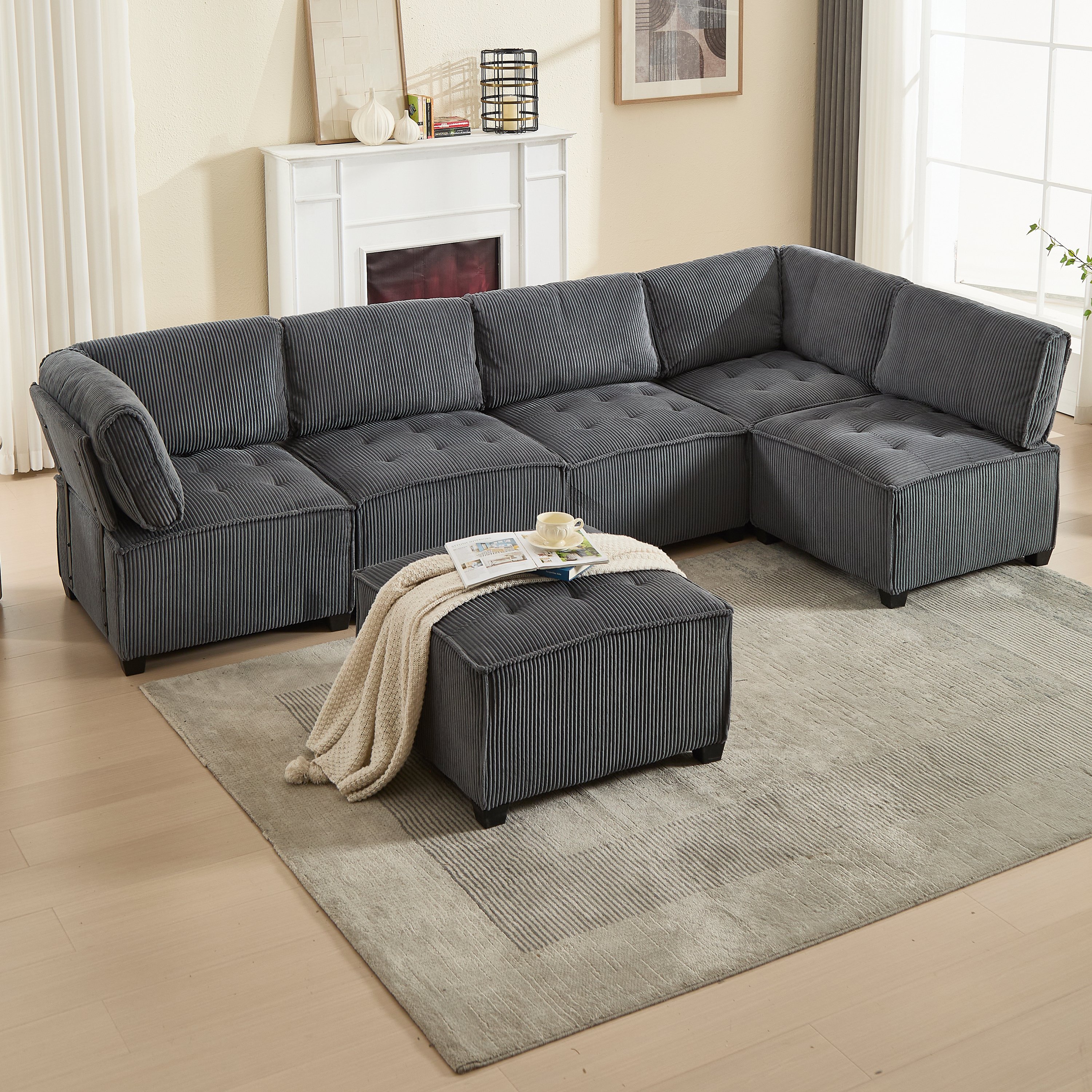 Lit rembourré avec rangement 6 places 308x154x82 cm, structure métal et bois, velours côtelé gris, accoudoirs ergonomiques