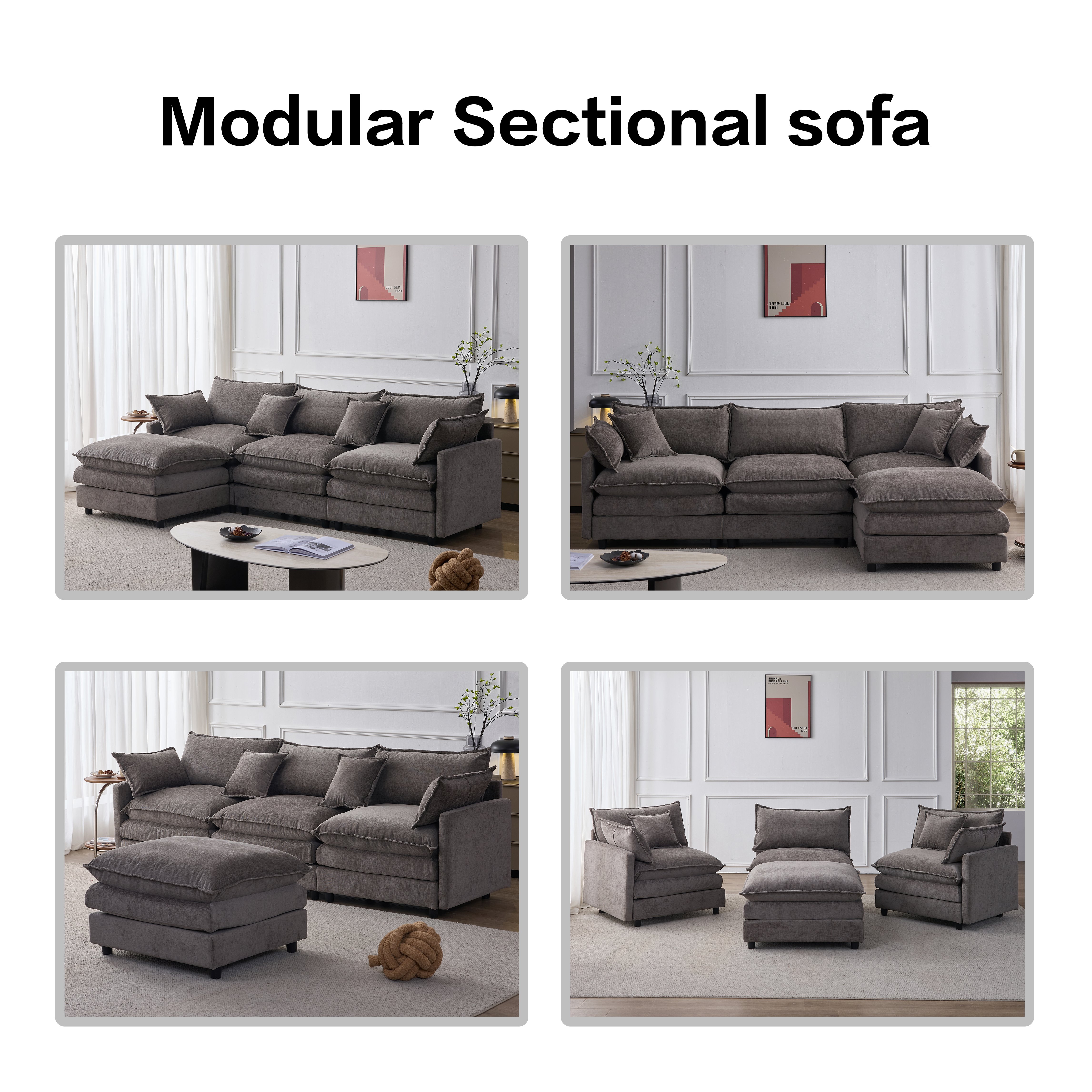 Canapé d'angle 3 places en tissu Chenille gris avec méridienne et pouf mobile pour salon moderne