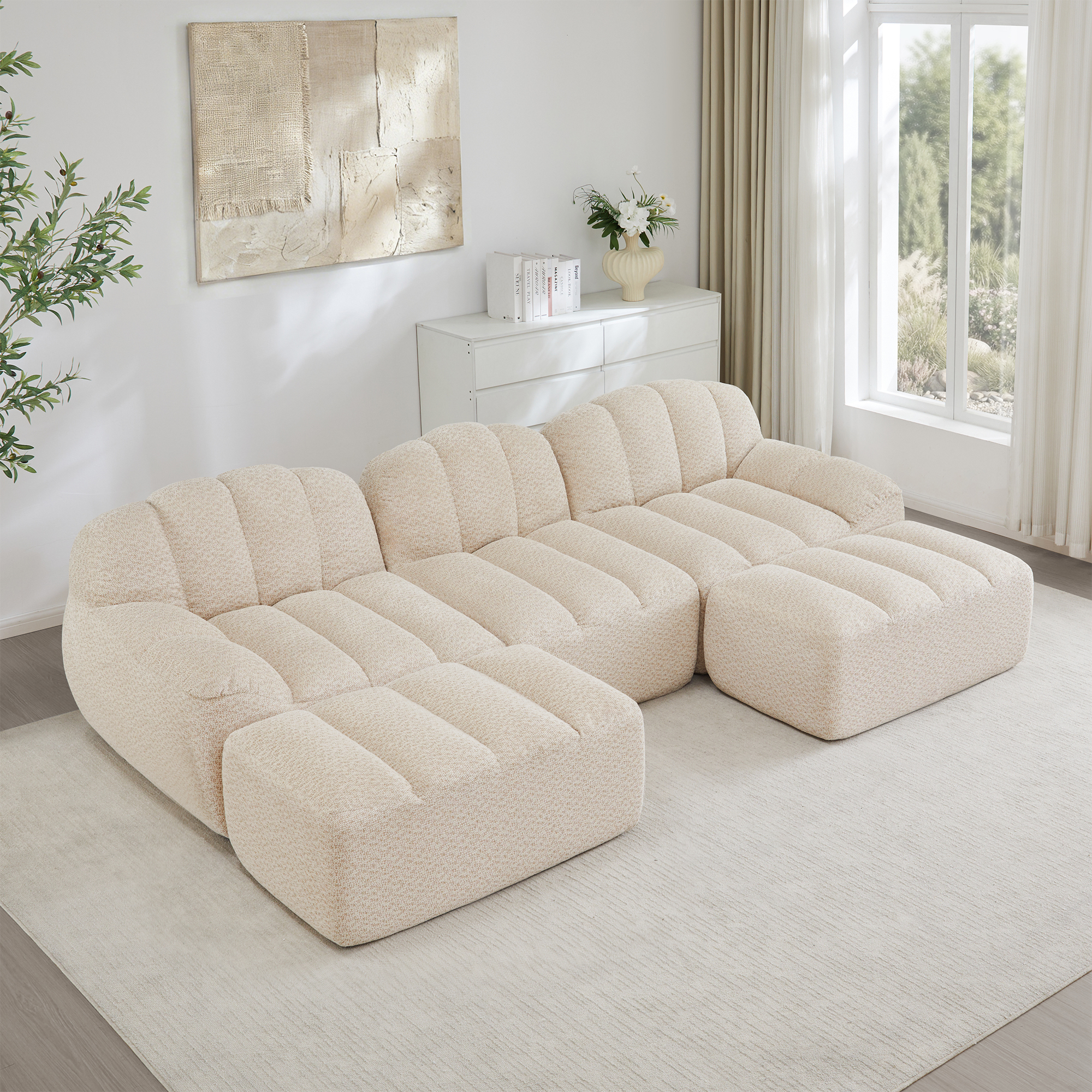 Canapé Modulable 3 Places En Tissu Granuleux Beige Blanc, Structure Panoramique Sans Dossier Avec Mousse Haute Densité Et 2 Ottomans