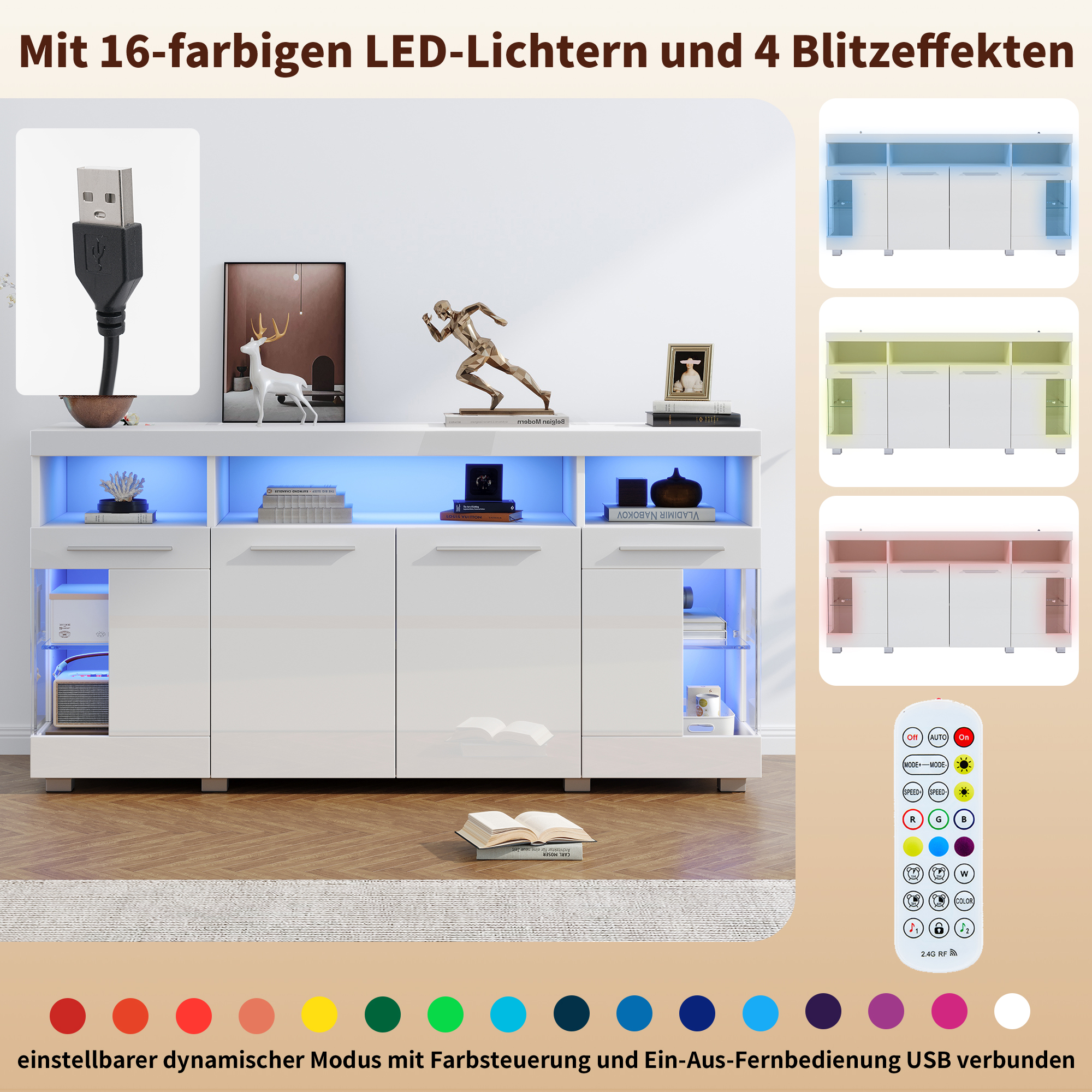Meuble de Rangement Large 140x40x70 cm Buffet Blanc Brillant avec Compartiments et Éclairage LED pour Espace Confortable