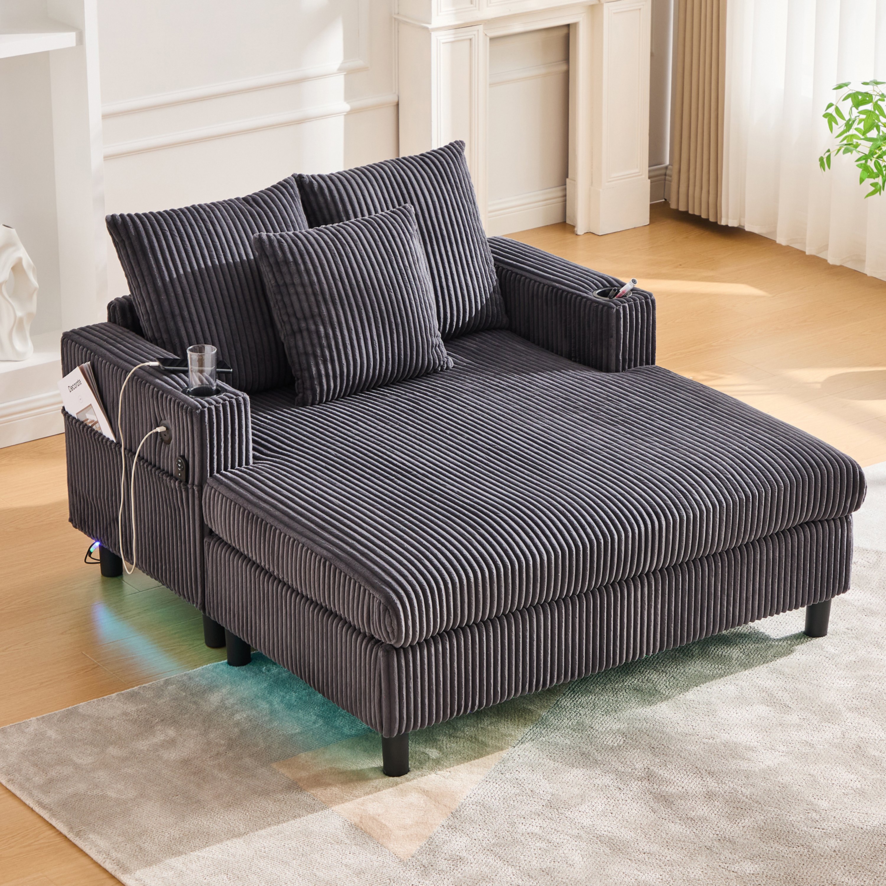 Canapé 2 places avec LED multicolore, USB et porte-gobelets intégrés, rangement sous l'assise
