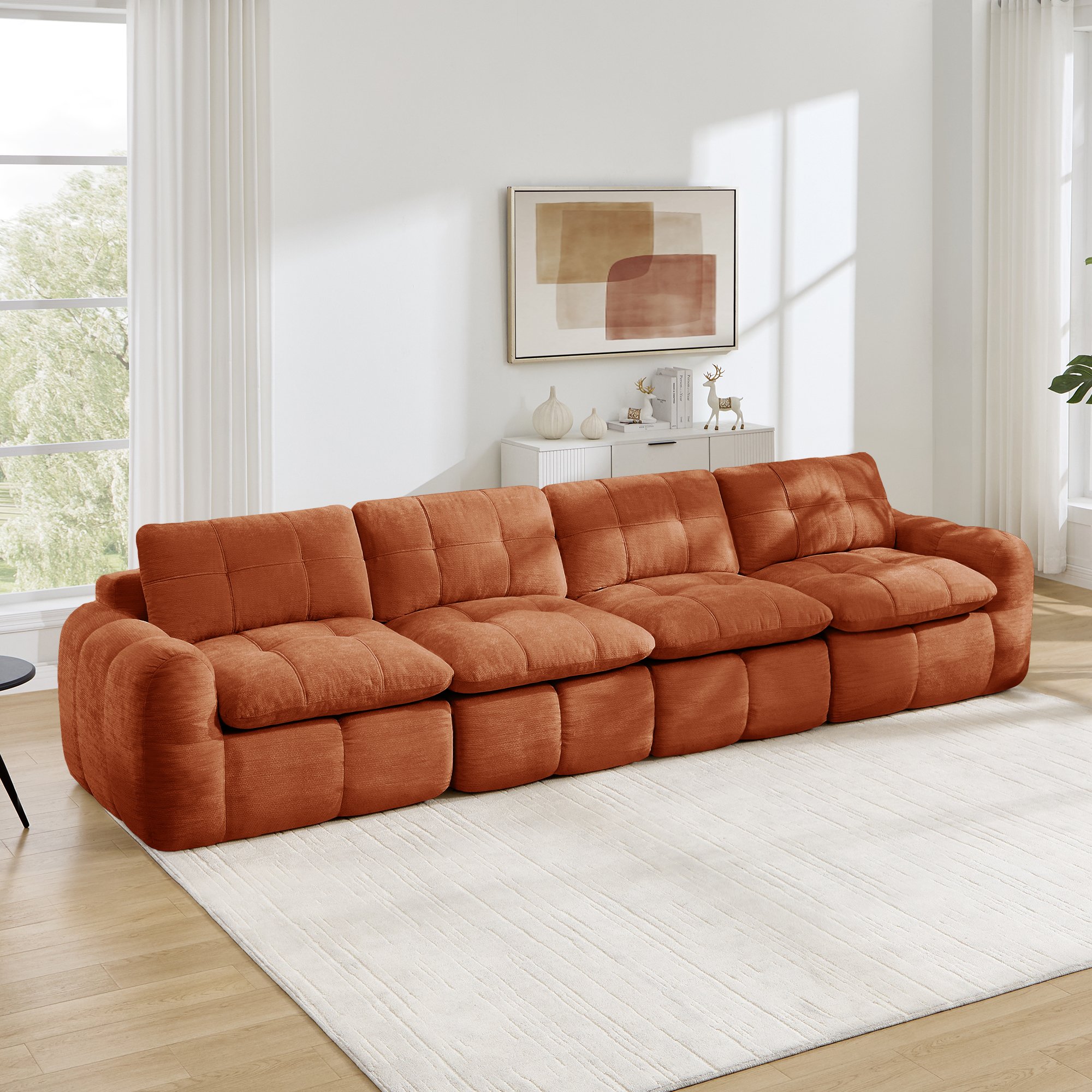 Canapé modulable 4 places en chenille orange sans cadre, mousse haute densité 32D, assise large et profonde pour salon moderne