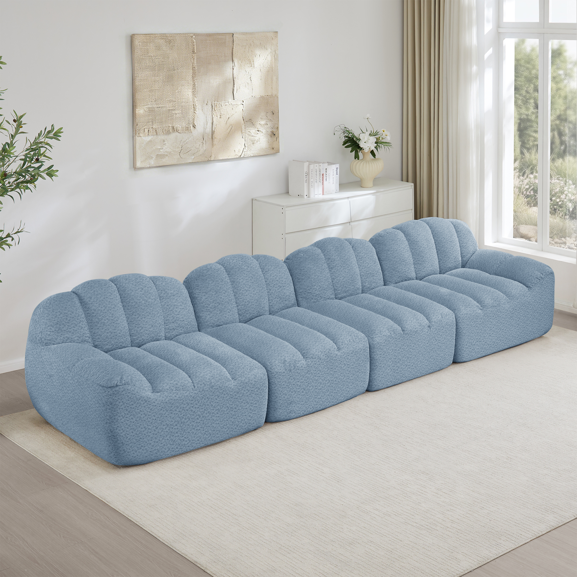 Canapé Modulable 4 Places Tissu Velours Granuleux Bleu Structure Sans Ossature Forme Coque Confort Mousse Haute Densité
