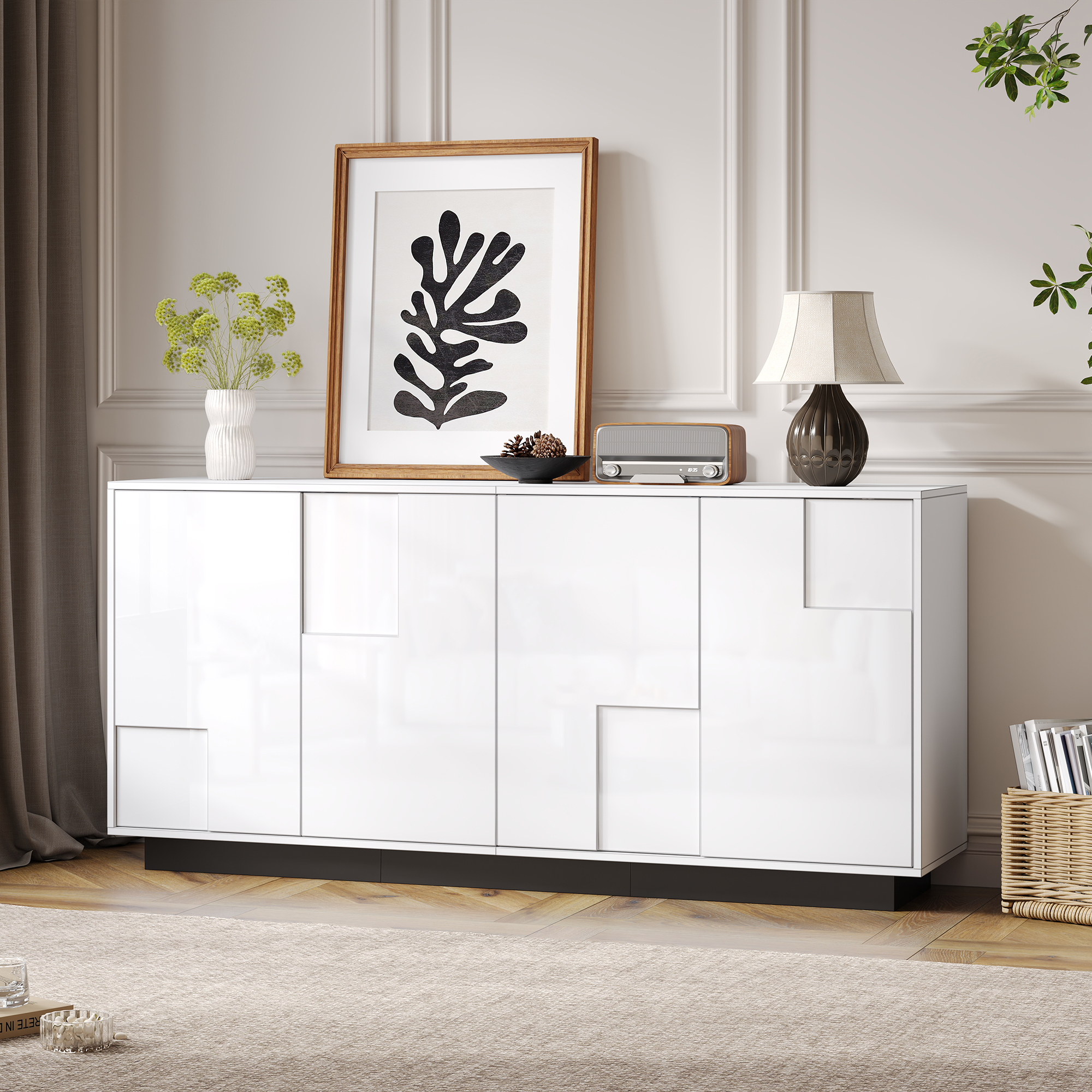 Buffet Design Géométrique 160 cm, Ouverture Push-to-Open, Grand Stagiaire avec 4 Portes et 2 Étagères pour Salon