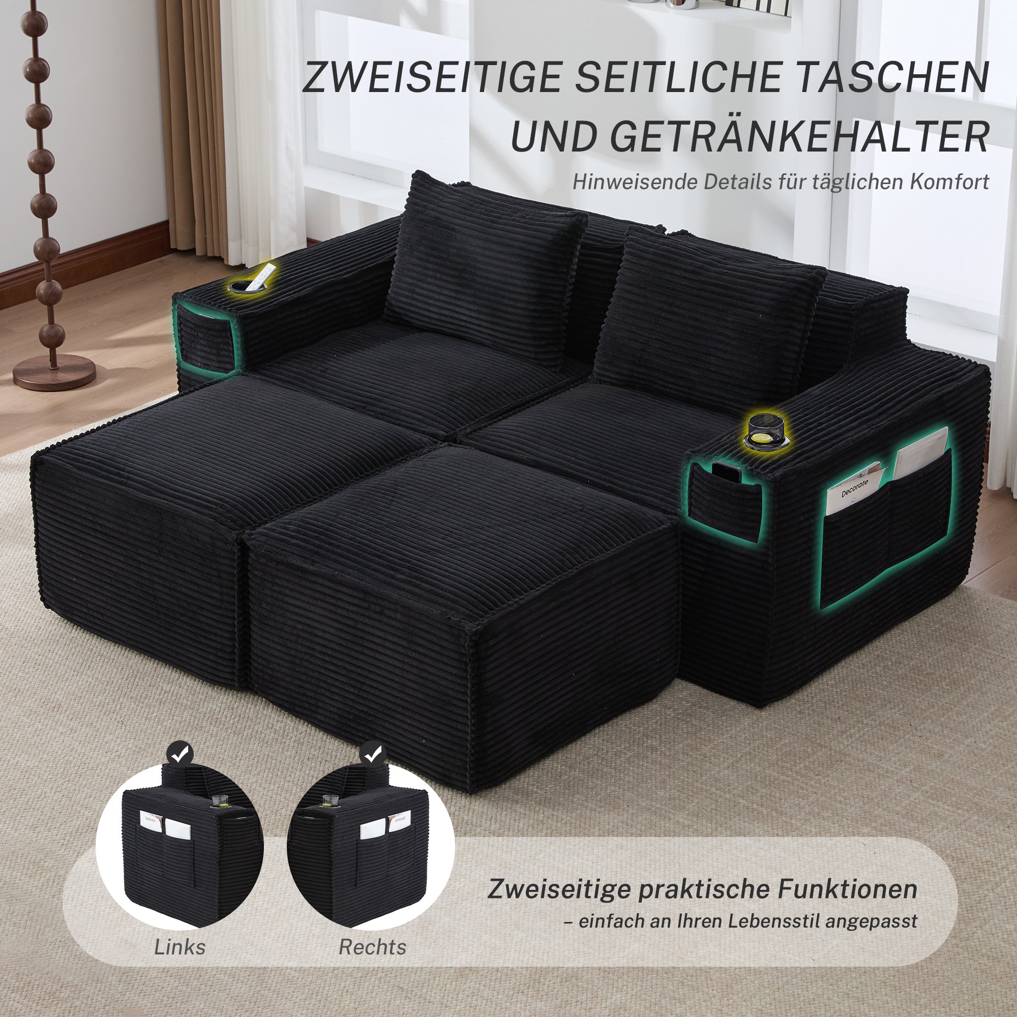 Canapé 2 places modulable noir en corduroy avec 2 poufs, porte-gobelets et poches latérales, rembourrage mousse haute densité et ressorts, sans montage requis pour petit espace