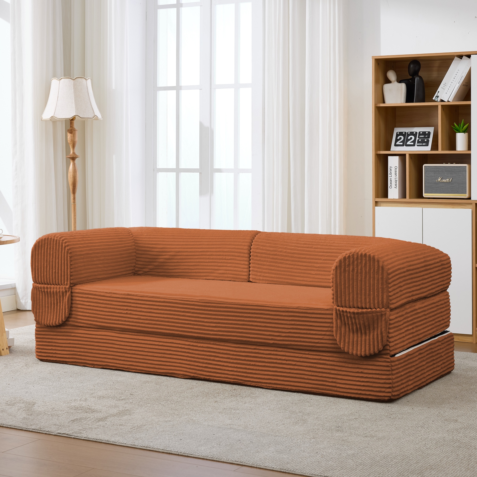 Canapé Droit 2 Places Convertible Lit Orange Tissu Côtelé Avec Rangement Intégré Salon Moderne