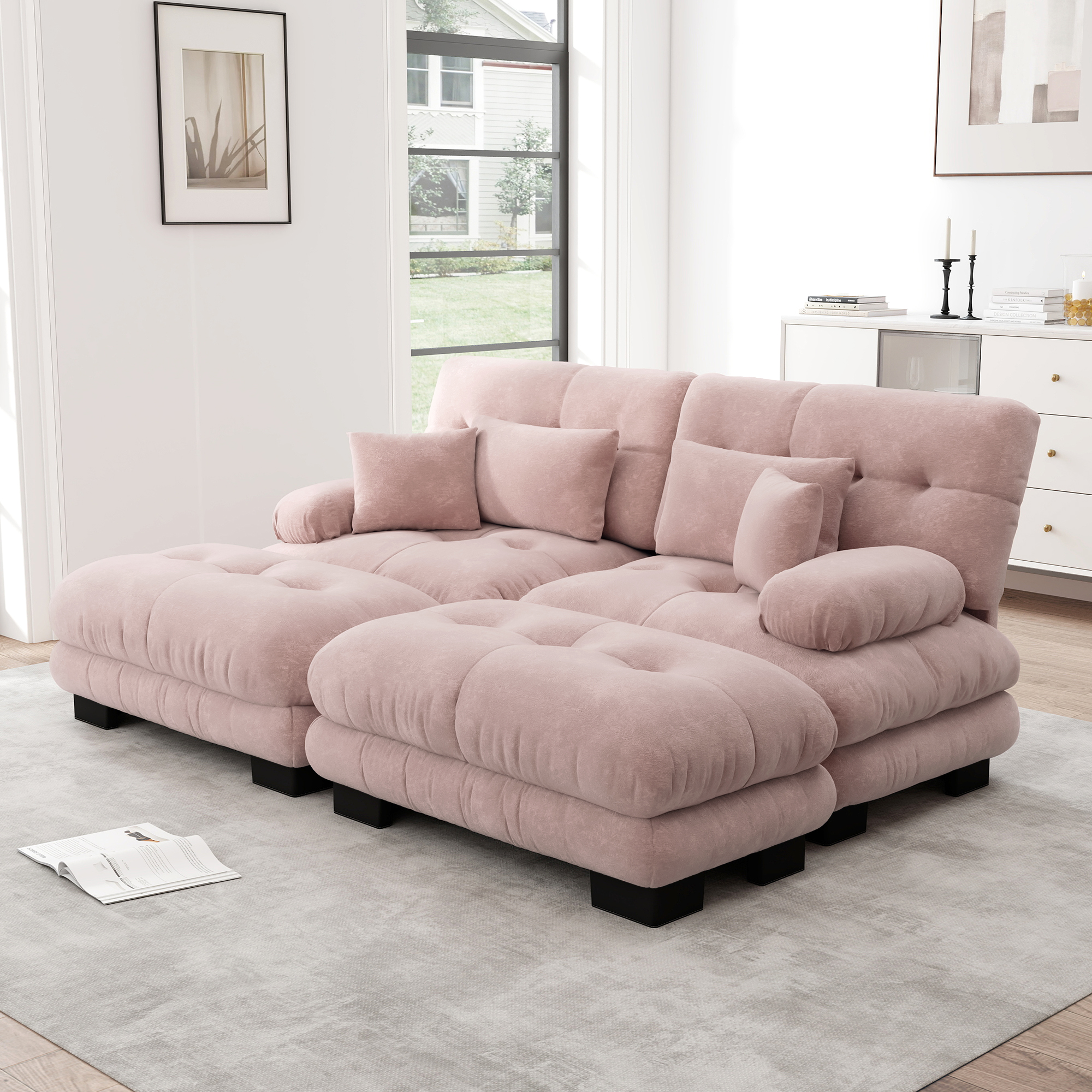 Canapé d'angle en chenille rose avec accoudoirs ronds rembourrés, 2 ottomans et 4 coussins inclus