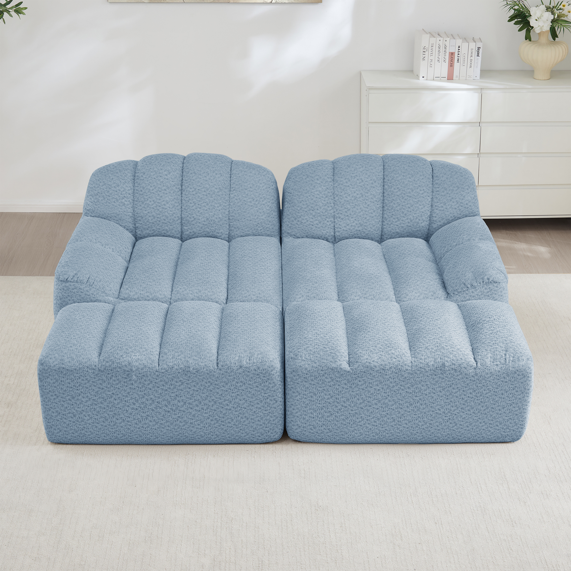 Canapé Modulable 2 Places Bleu, Canapé d'Angle Panoramique Sans Dossier en Tissu Granuleux Peluche avec Rangement Tiroir Intégré pour Salon Moderne