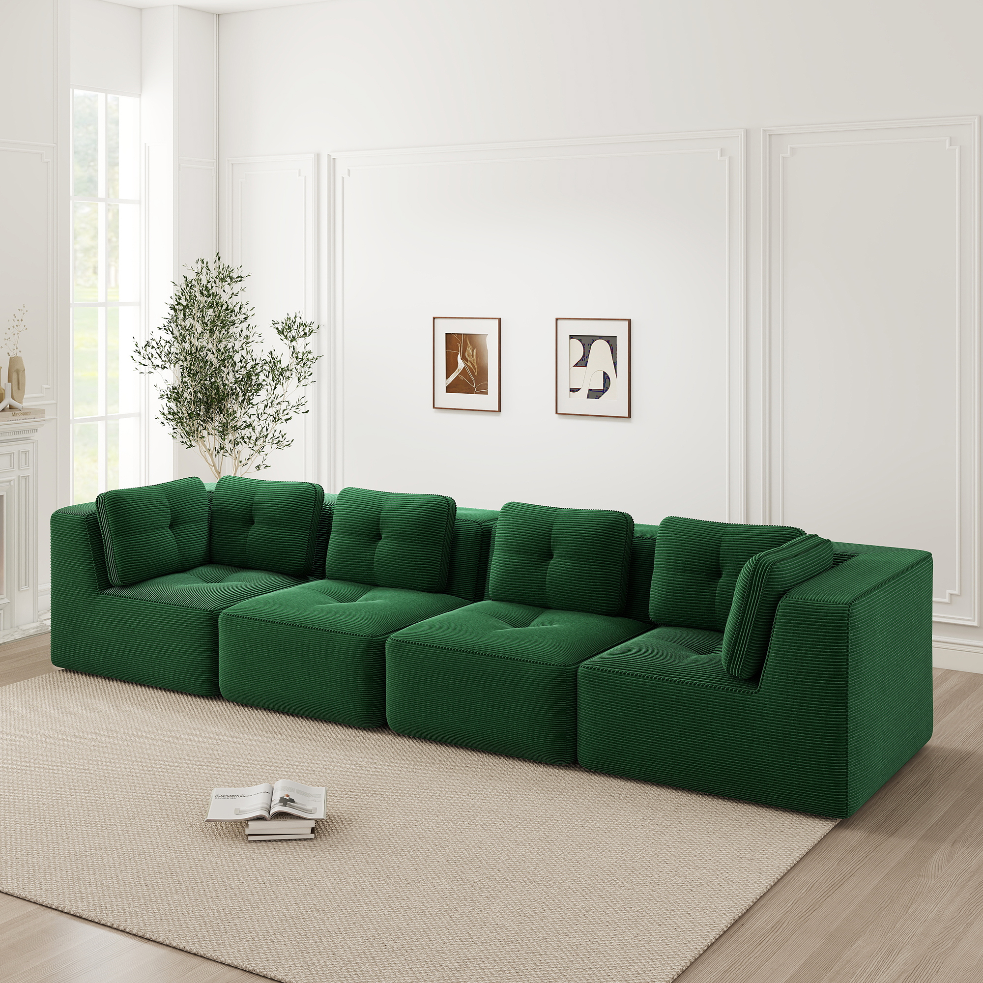 Canapé Modulable 4 Places Vert, Canapé D'angle Moderne En Tissu Côtelé Avec Coussins Profonds Et Pieds Antidérapants Pour Salon Contemporain