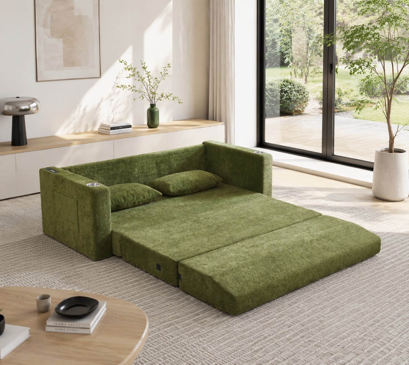 Canapé-lit 2 places vert en velours côtelé avec ports USB, poches latérales et coussins inclus, format compact 153x77cm pour petits espaces