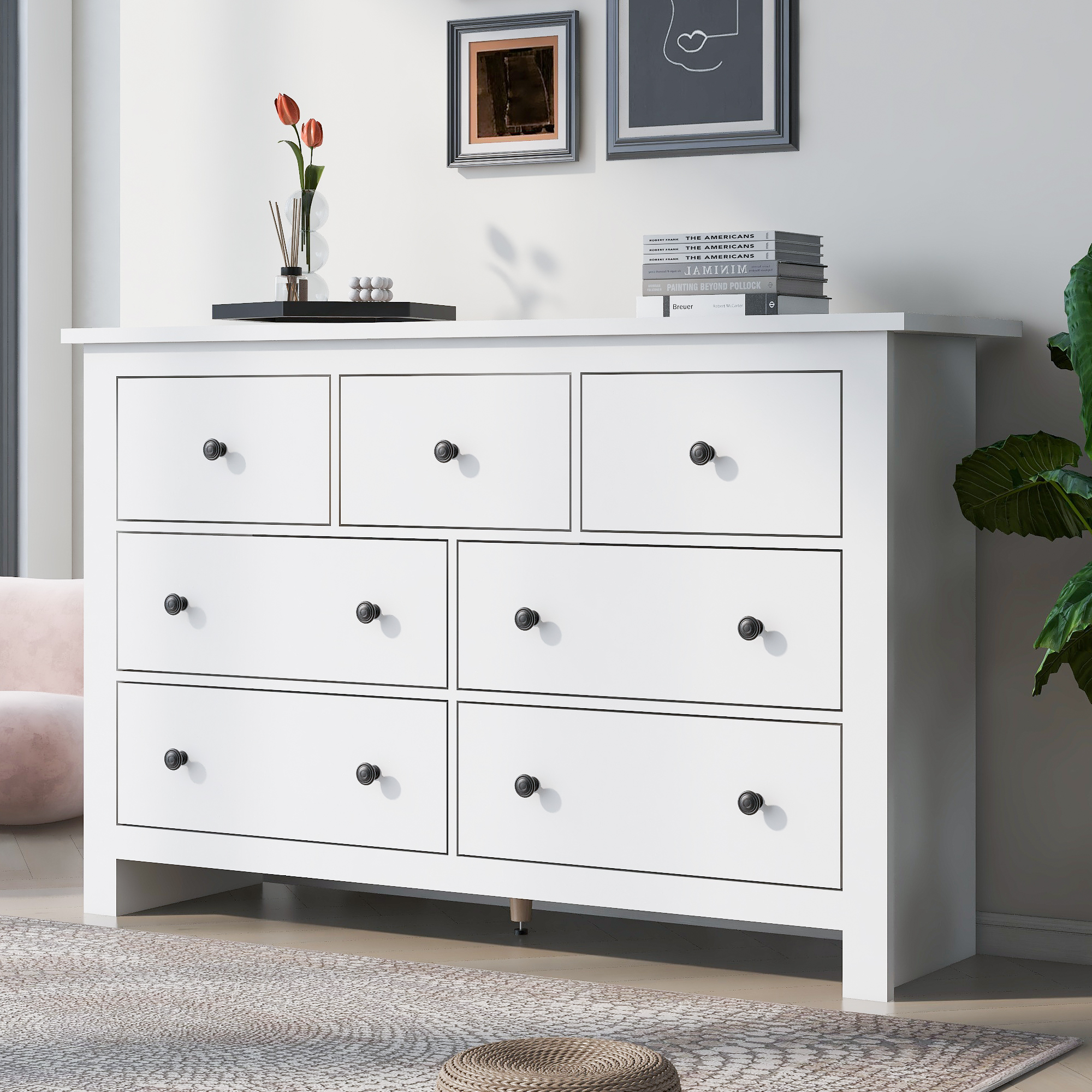 Buffet Blanc 7 Tiroirs Glissières Silencieuses Anti-Basculement Panneau de Particules 152x40x89 cm