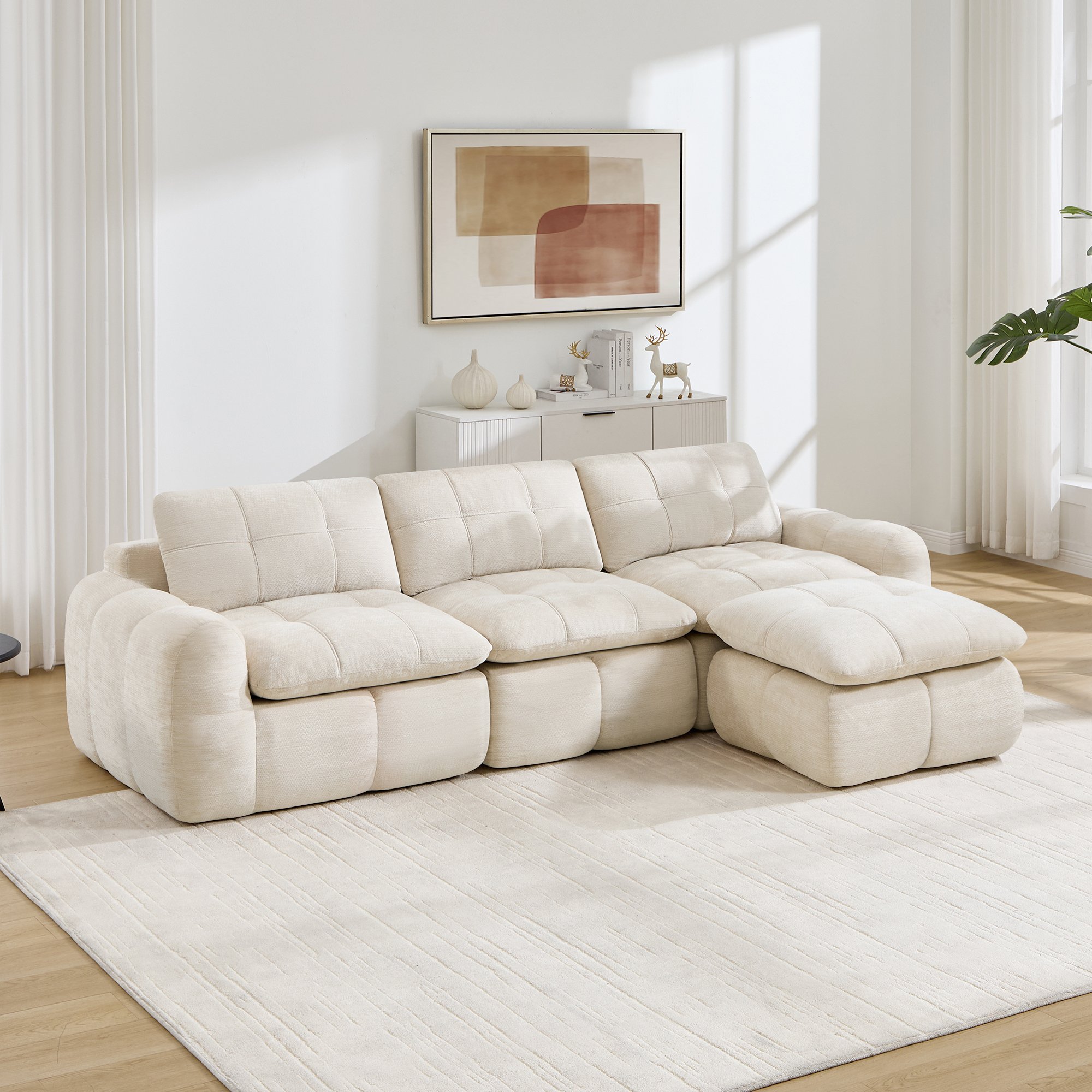 Canapé d'angle modulable 3 places en chenille beige sans cadre avec ottoman, mousse 32D haute densité et confort ergonomique pour salon ou appartement