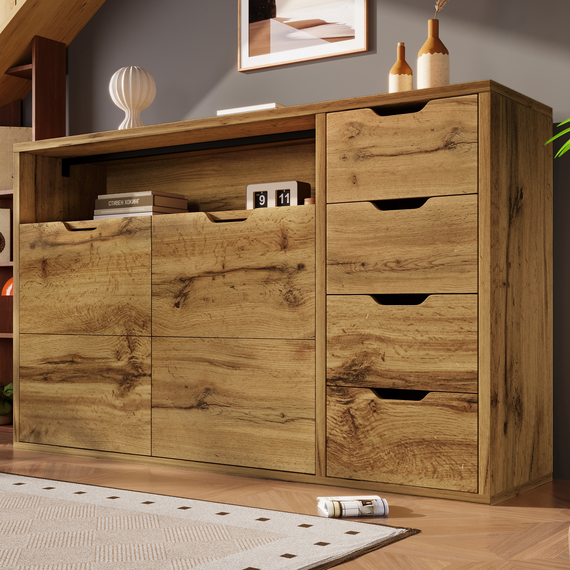 Buffet Rangement 150x40x90 cm, Meuble avec 2 Portes et 4 Tiroirs, Étagères Réglables et Soft Close pour Salon