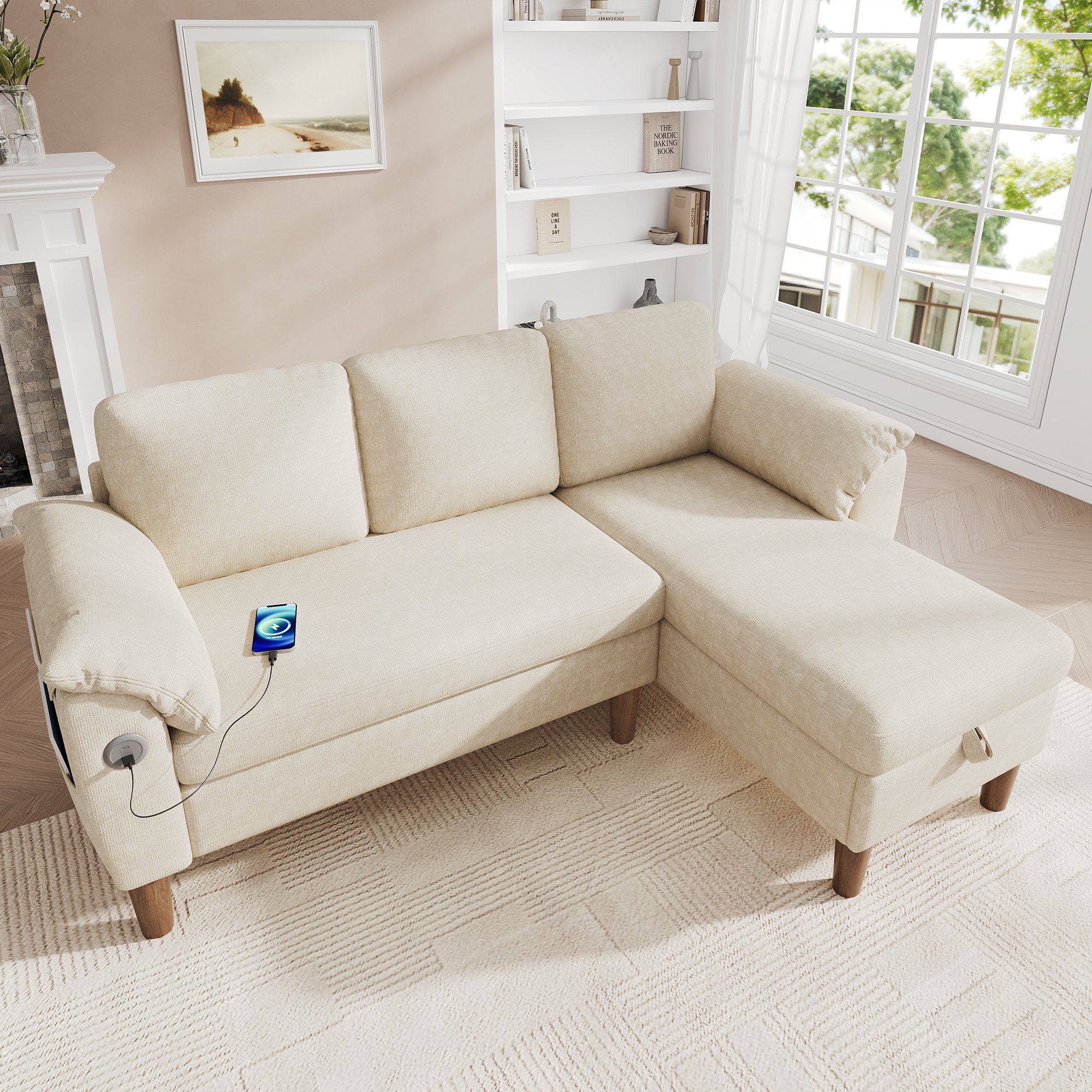 Canapé d'angle 3 places en tissu chenille beige avec coffre de rangement sous la méridienne, ports USB et Type-C intégrés, structure réversible gauche ou droite pour salon moderne.