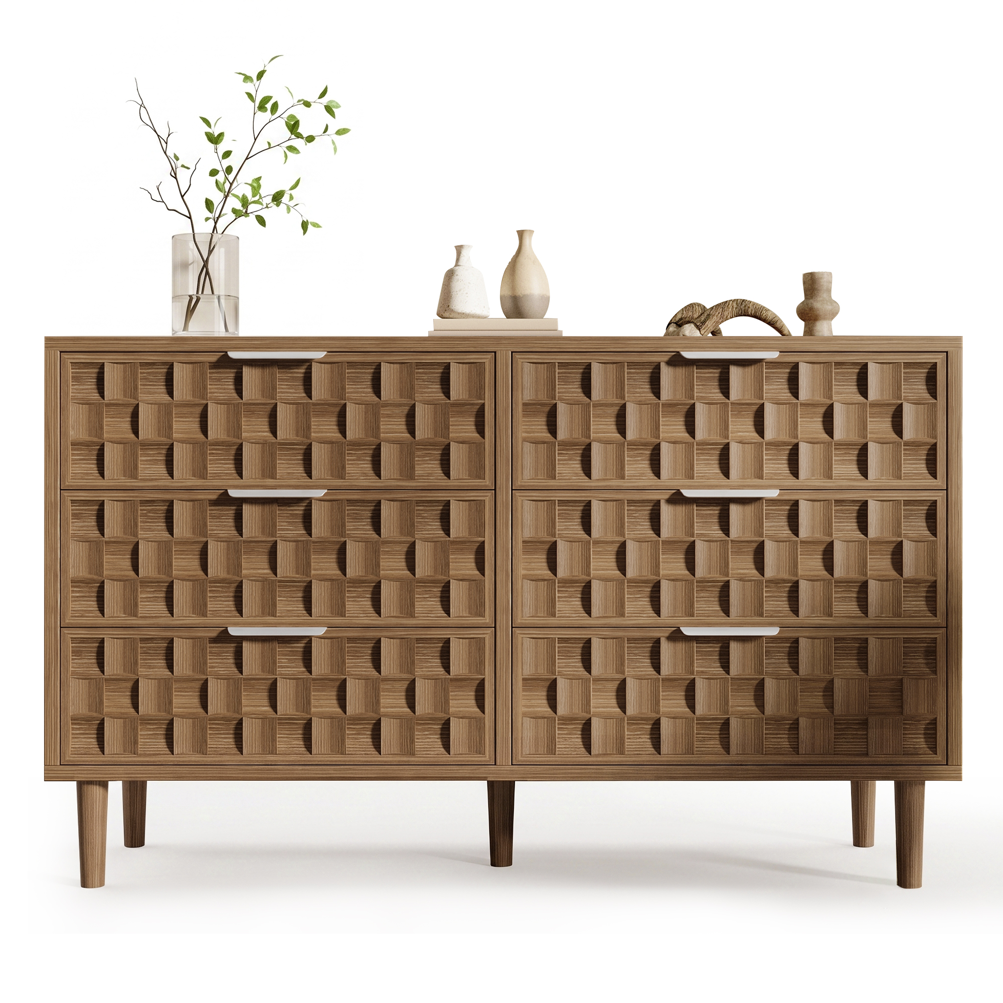 Buffet 6 Tiroirs Design Milieu Siècle, Meuble Rangement Bois Chêne Optique, 120x37x77 cm, Poignées Métal Courbé