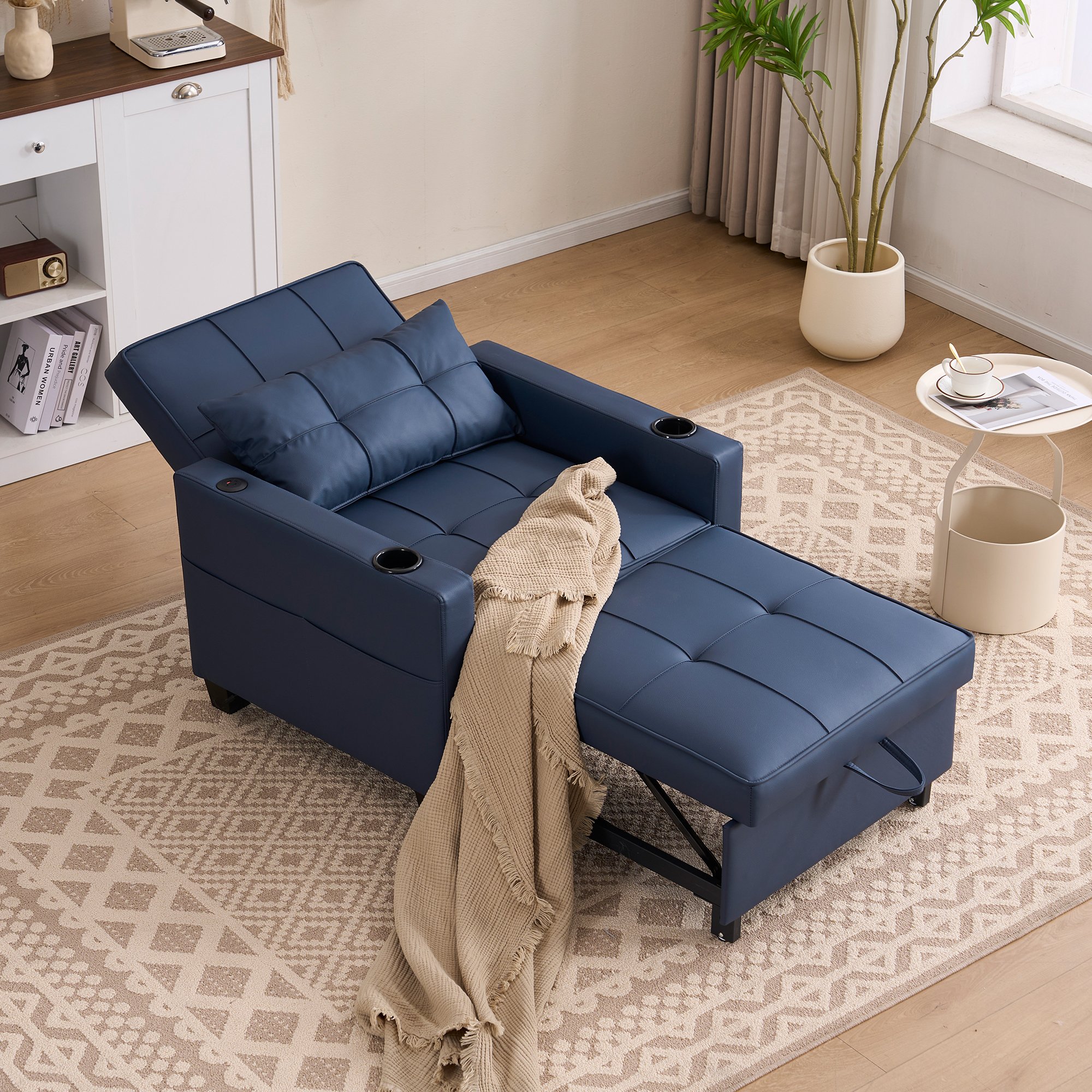 Canapé-lit convertible 1 place bleu en bois et métal avec porte-gobelets, port USB et dossier inclinable sur 3 positions pour petits espaces