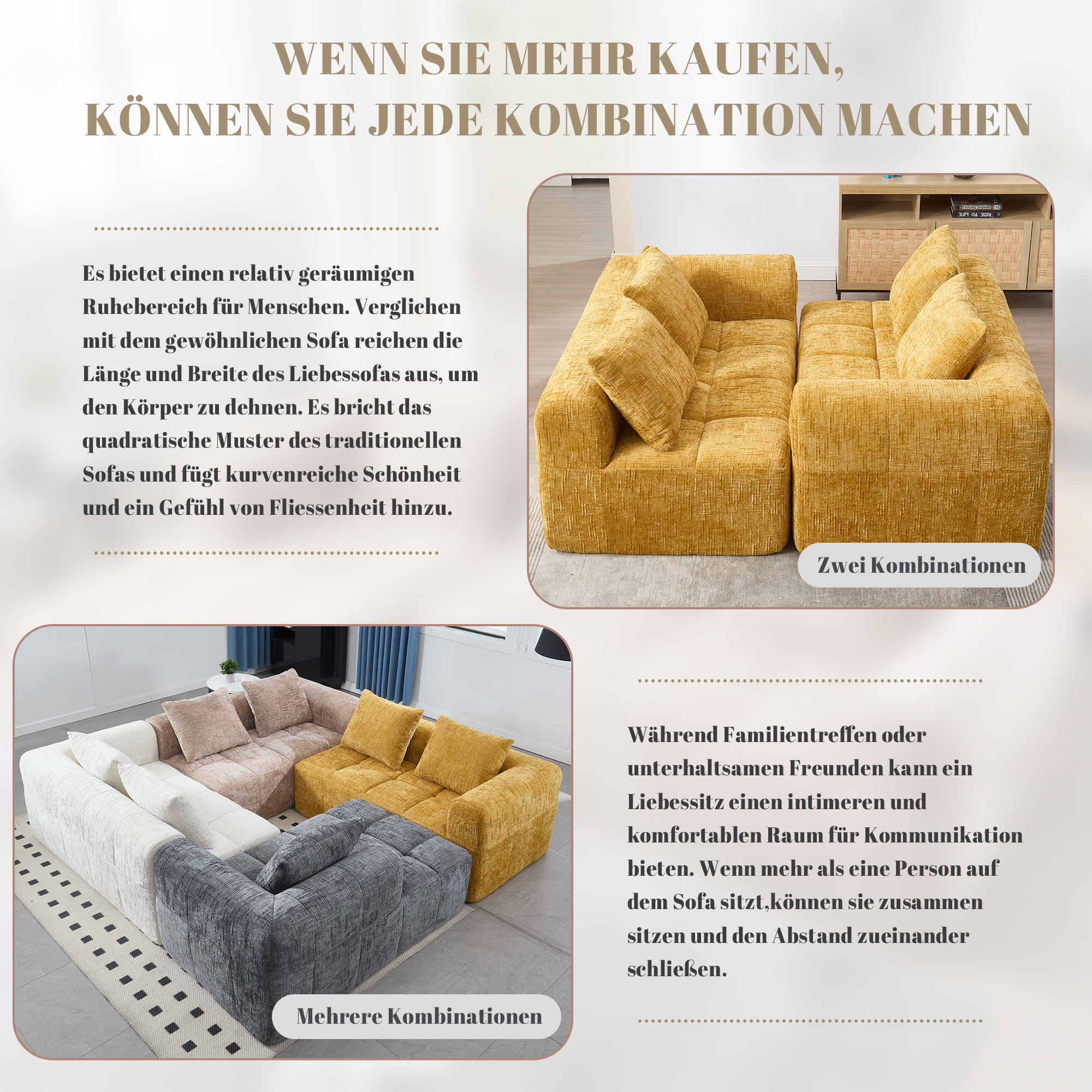 Canapé 2 places en chenille jaune, structure mousse et ressorts rapides, coussin et poches latérales inclus