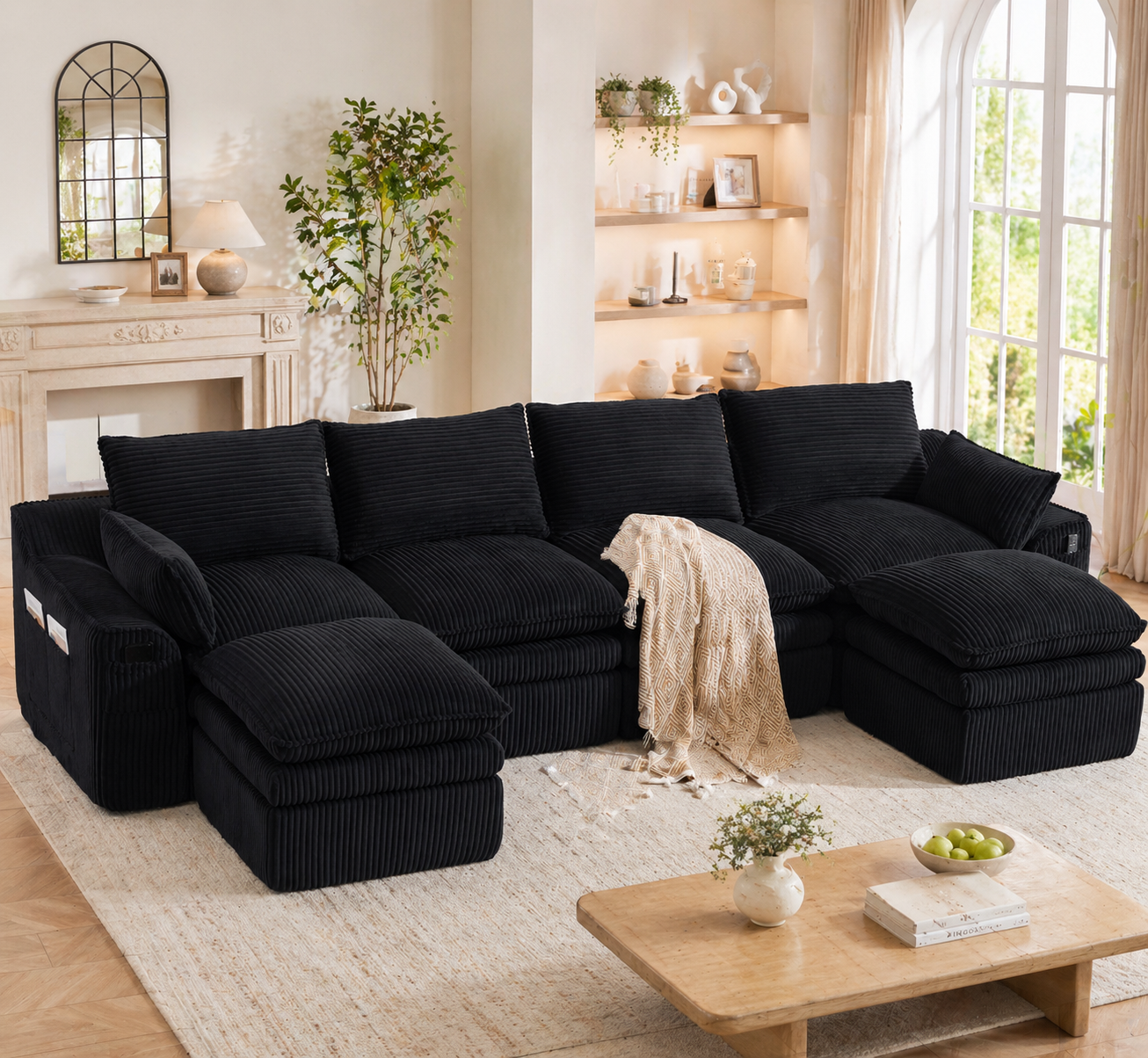Canapé modulable 4 places en velours côtelé noir avec 2 poufs, coussins et poches latérales