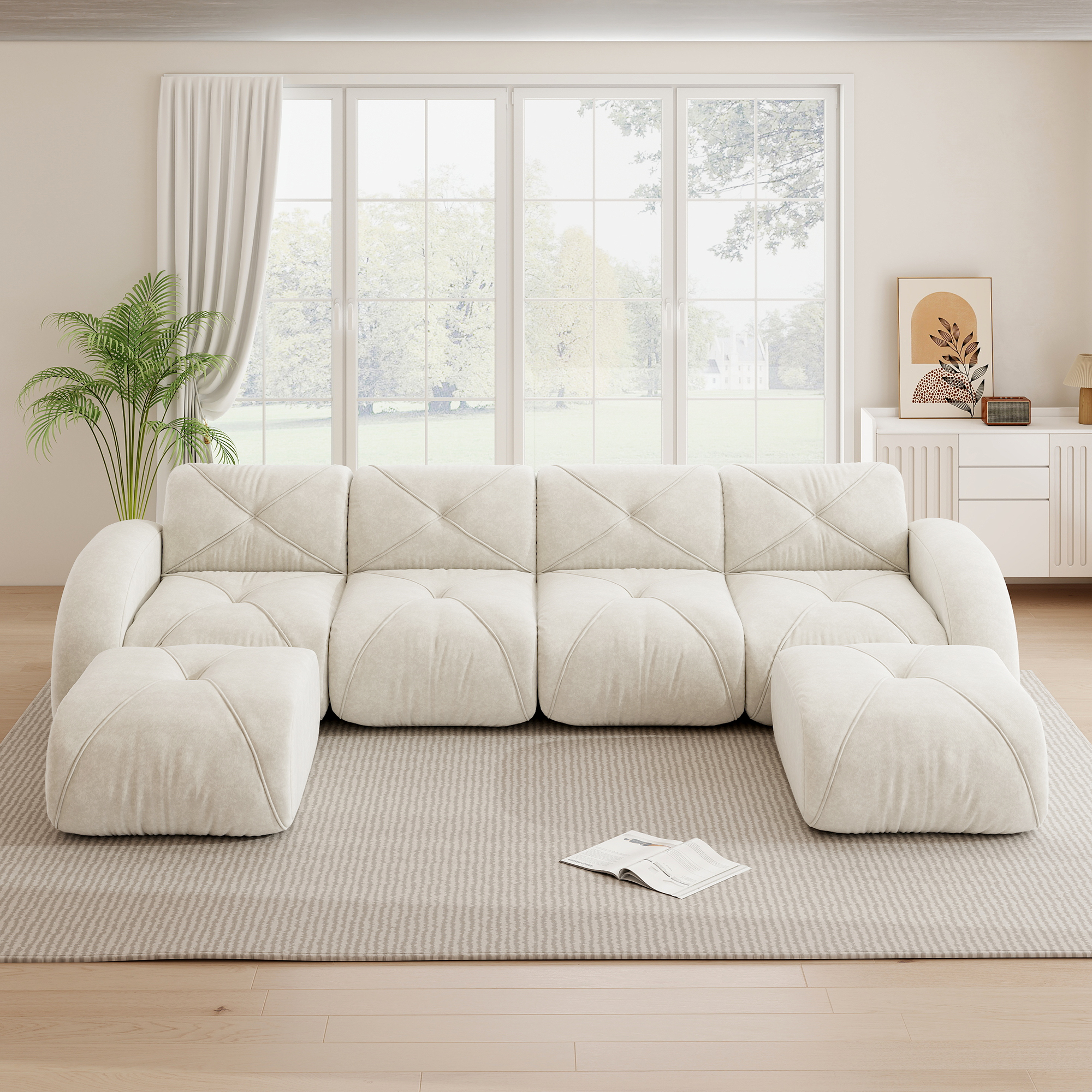 Canapé modulable 4 places en U, canapé panoramique sans dossier revêtement Chenille couleur Beige clair pour salon moderne