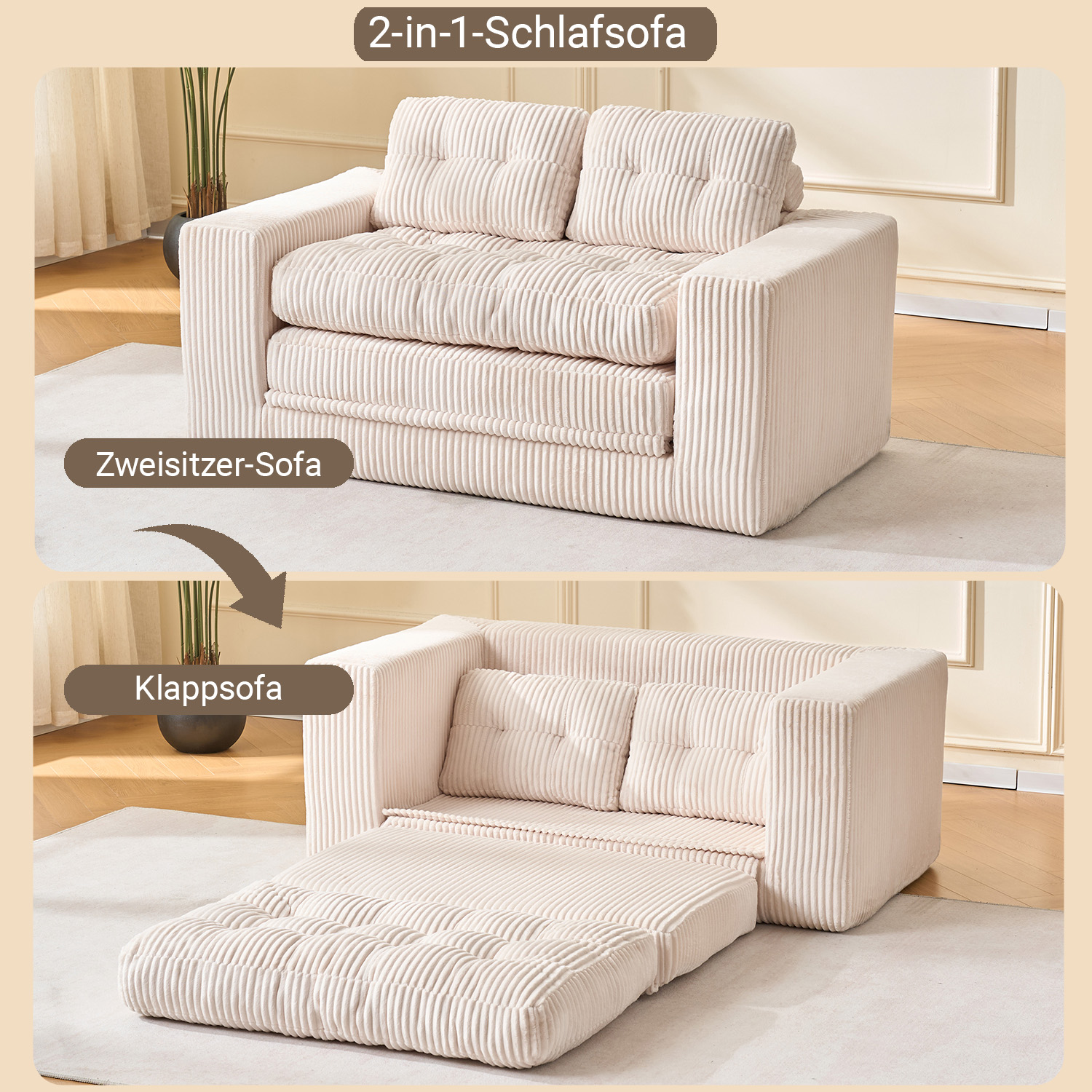 Canapé Convertible 2 Places Beige - Canapé-Lit Compact avec Tissu Cord et Rangement Intégré