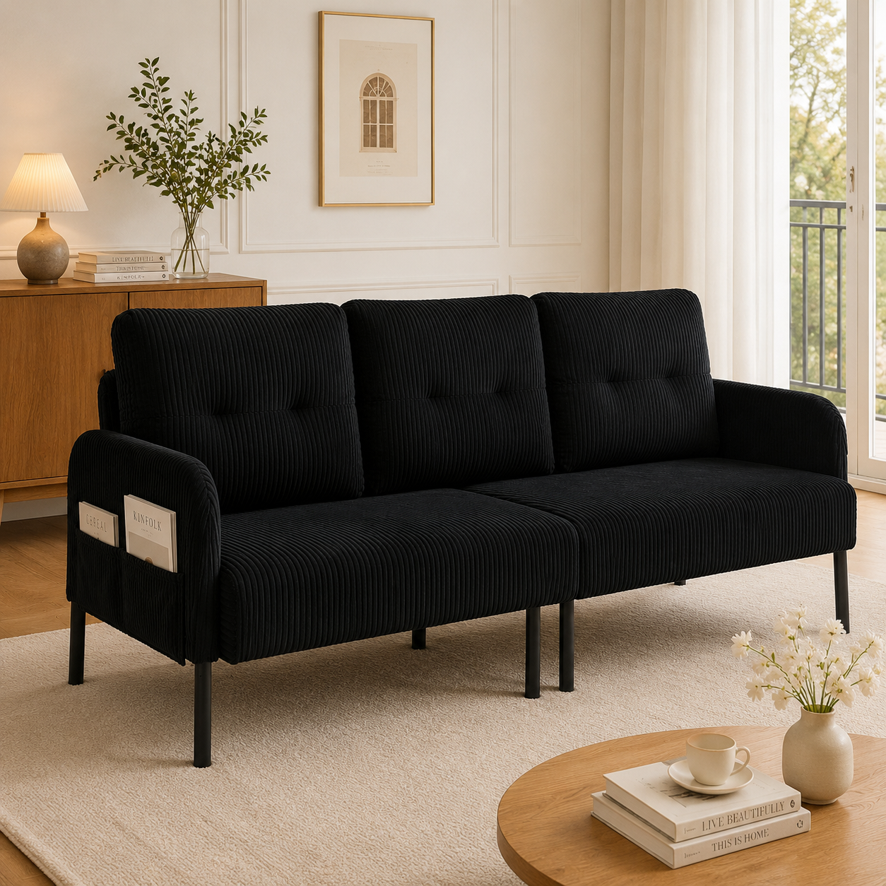Canapé 3 places en velours côtelé noir avec dossier ergonomique et poches latérales pratiques