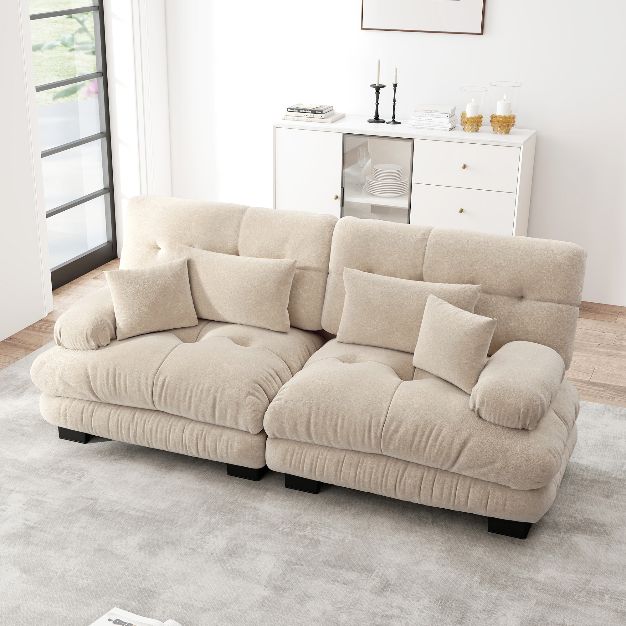 Canapé d'angle 3 places 220x77x81 cm en chenille beige clair avec cadre en bois massif et coussins inclus