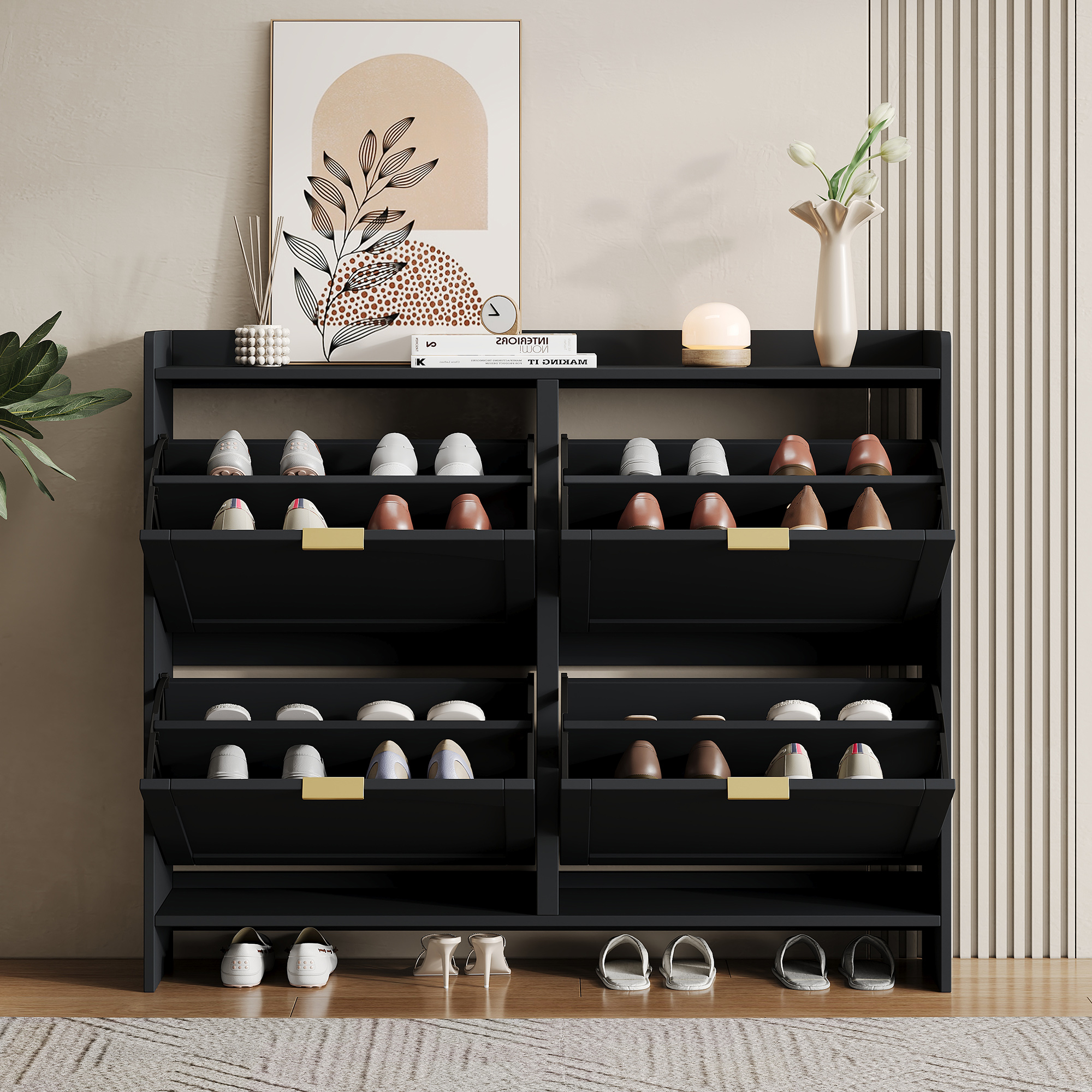 Meuble à chaussures noir 110x24x90 cm, étagère entrée moderne avec portes abattantes et rangement ouvert pour couloir étroit