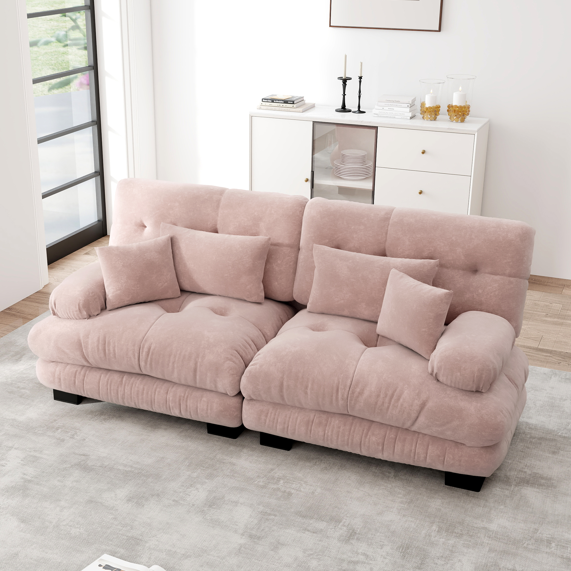 Canapé d'angle en chenille rose avec cadre en bois massif et assise moelleuse sans ressorts