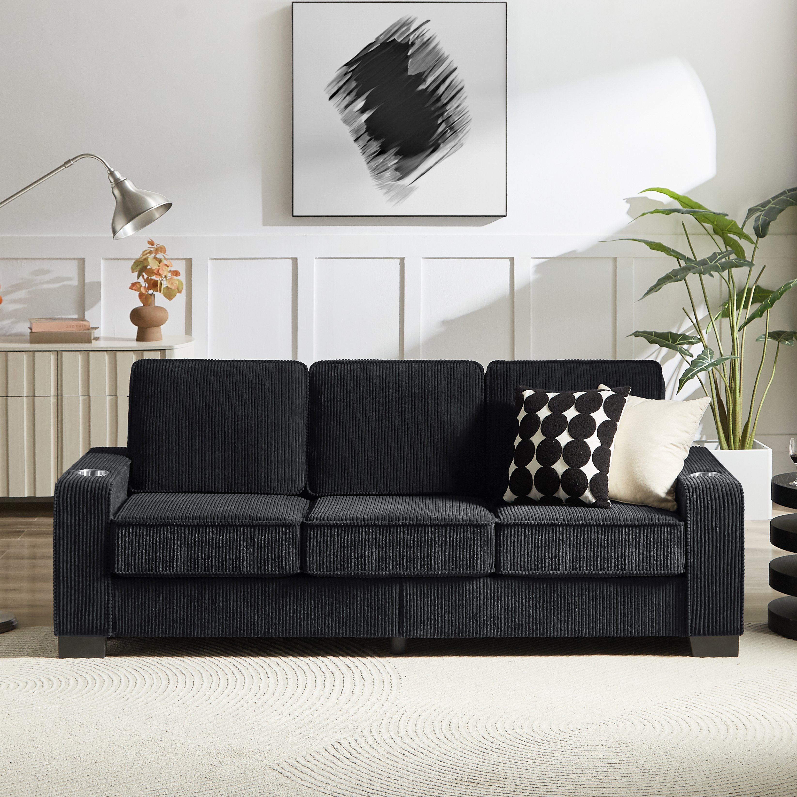 Canapé Droit 3 Places Revêtement Velours Côtelé Noir Structure Renforcée Avec Coussins Haute Densité Dimensions 206 Cm