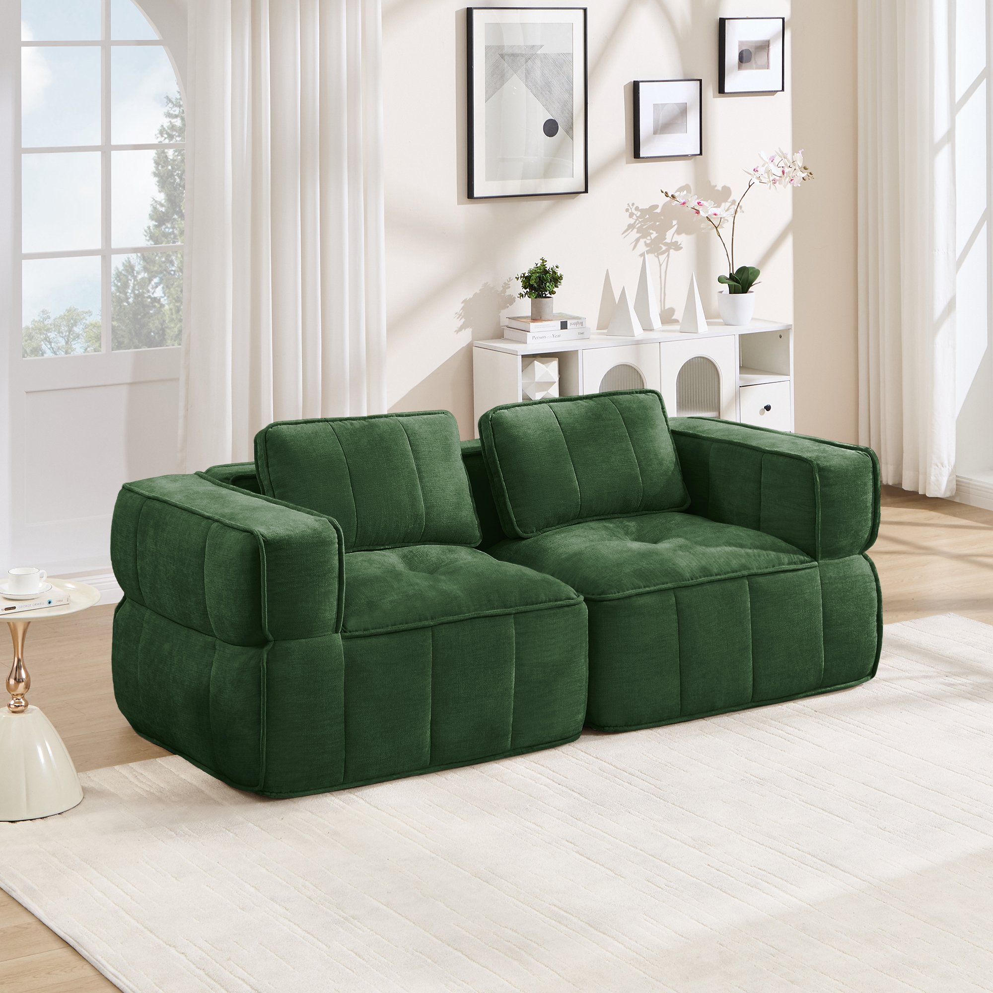 Canapé 2 places vert en polyester, canapé d'angle sans cadre avec mousse haute densité 32D, assise profonde et confort moderne pour le salon, aucune installation requise.