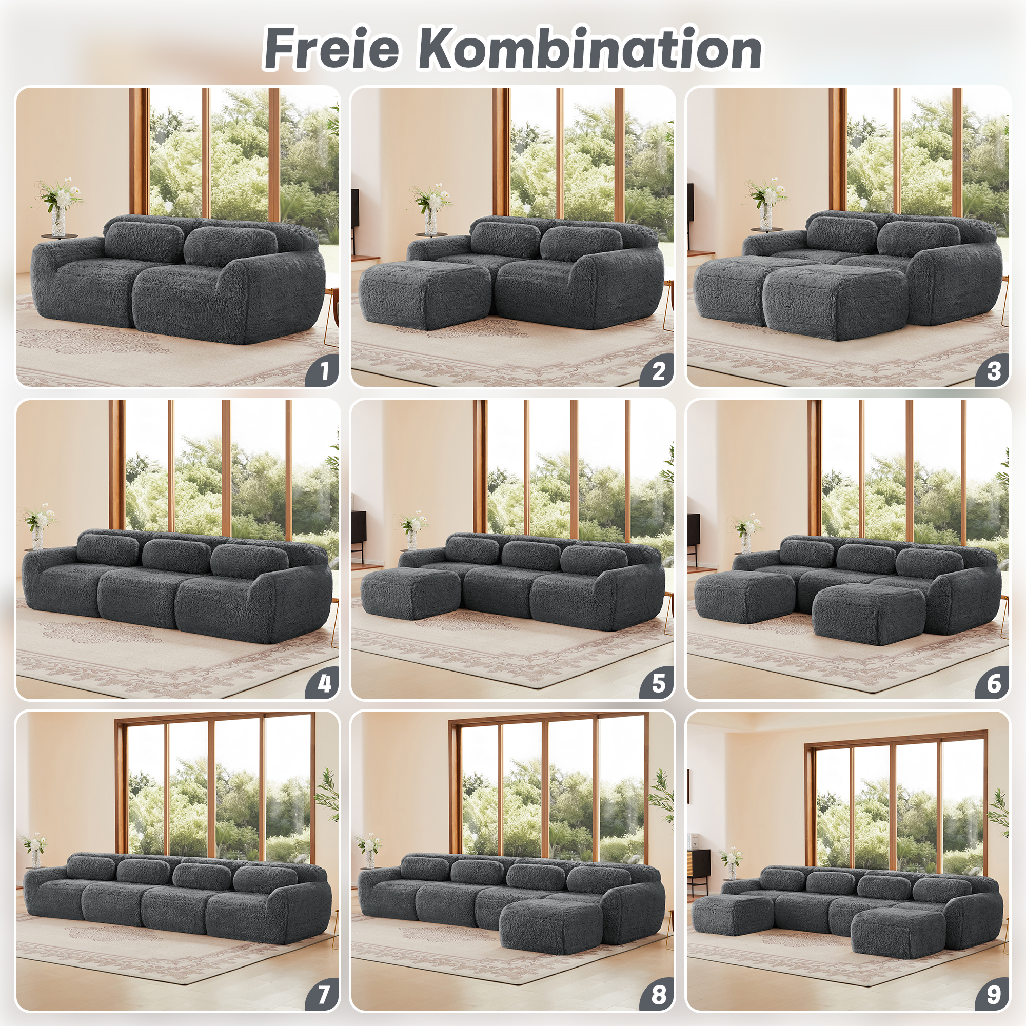 Canapé d'angle modulable 4 places Gris Tissu Peluche Ultra Confort Sans Montage Mousse Haute Résilience Salon Contemporain