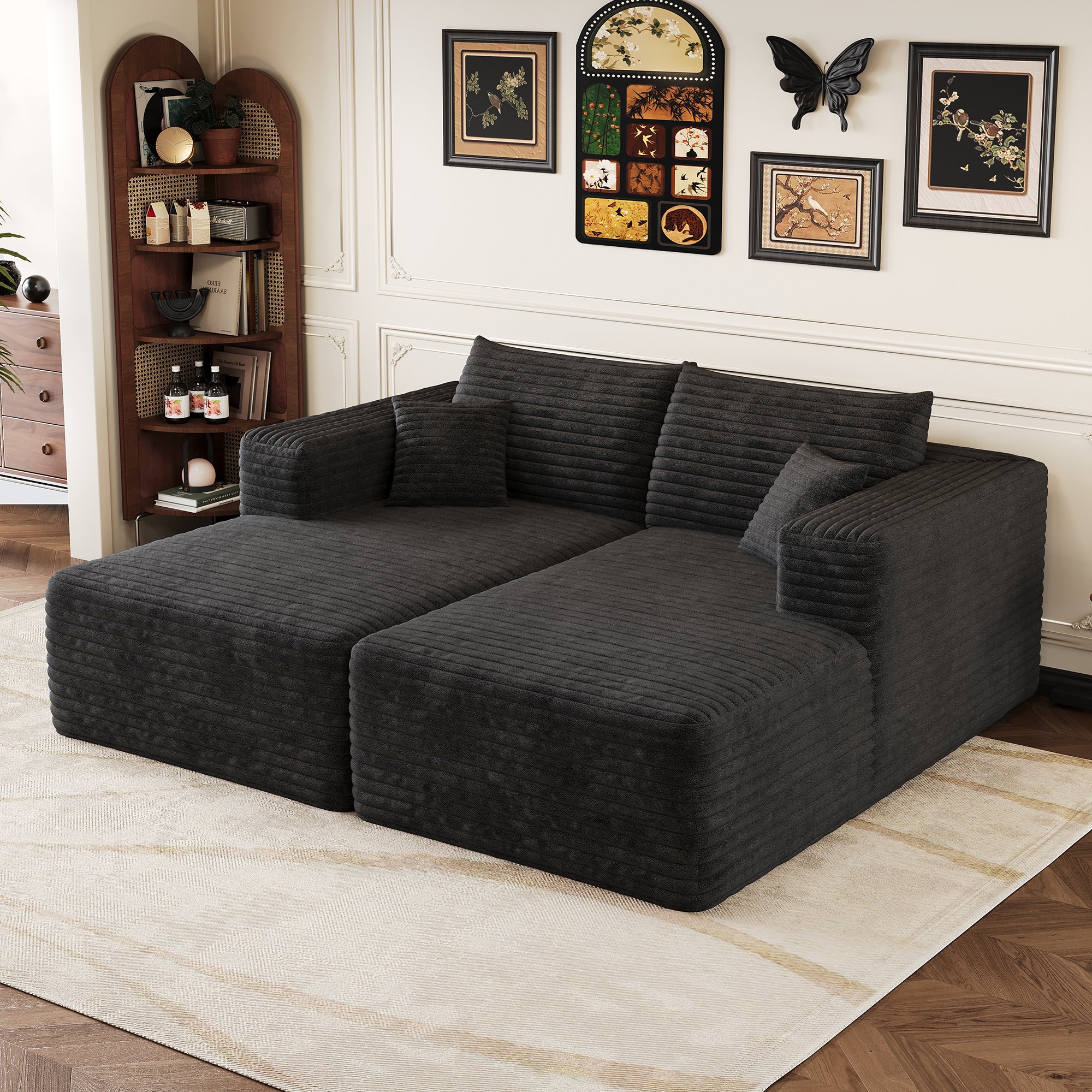 Canapé d'angle noir velours côtelé 180x151 cm, sofa modulable sans assemblage, style minimaliste pour petit espace