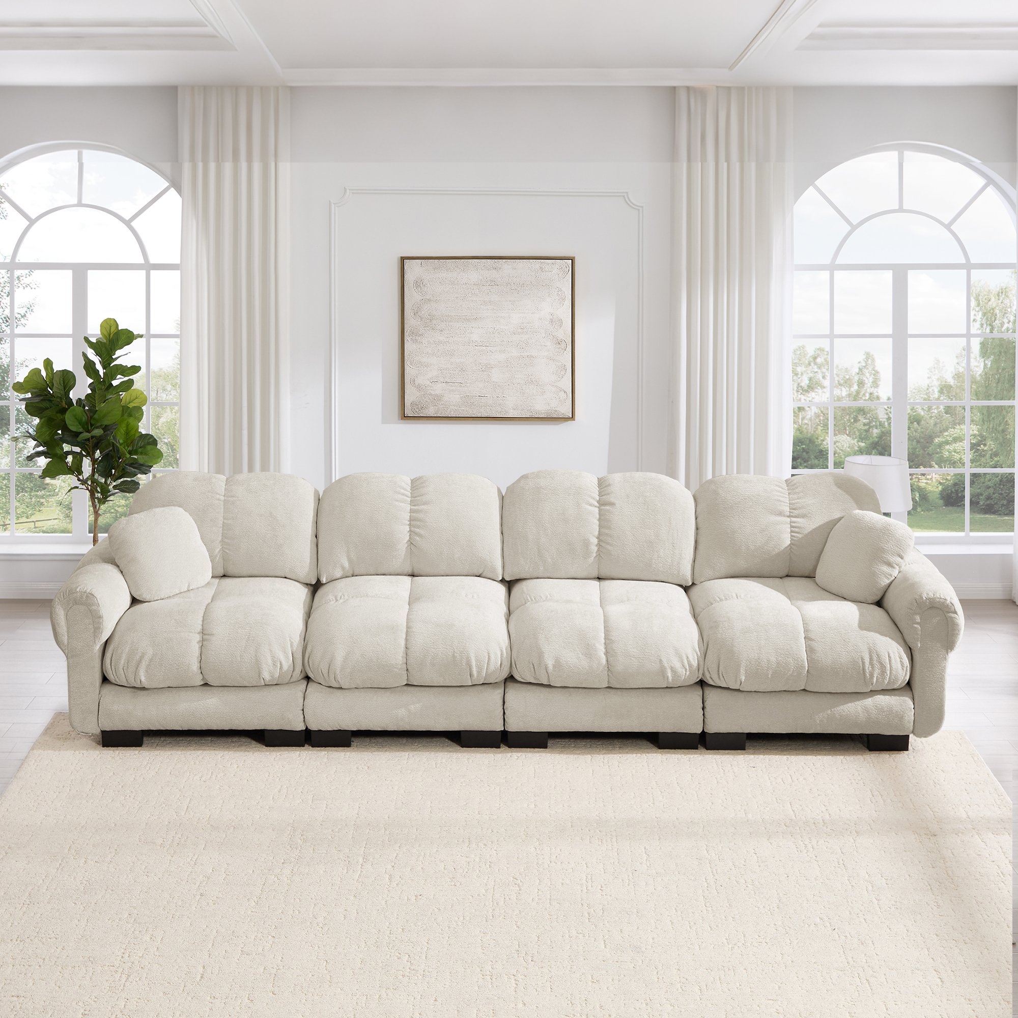 Canapé Modulable 4 Places en Tissu Chenille Kaki Clair, Design Ergonomique avec Coussins Épais et Accoudoirs Courbes pour Salon Moderne