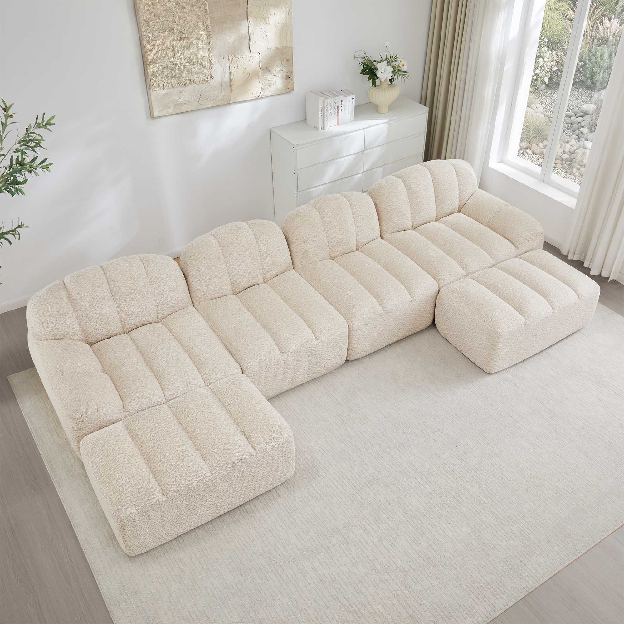 Canapé Modulable 4 Places En Forme De U Avec 2 Ottomans, Tissu Granuleux Beige Blanc, Design Sans Dossier Pour Salon Moderne