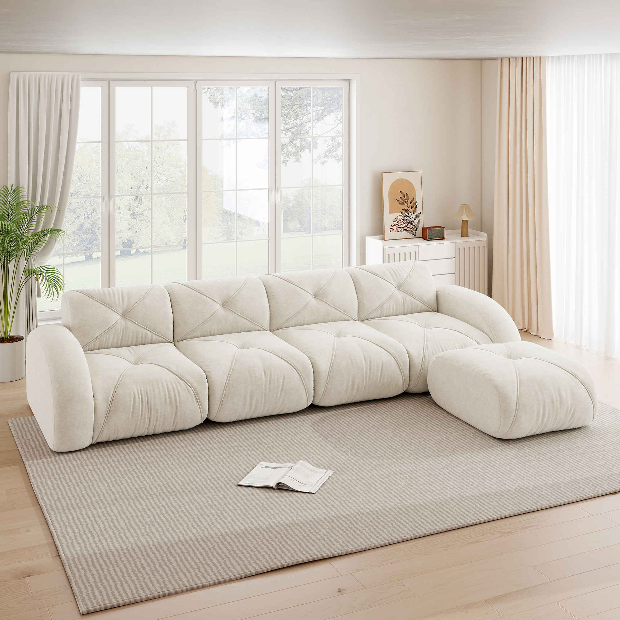 Fauteuil Canapé D'angle L Modulaire 4 Places En Chenille Beige Clair Avec Repose-Pieds Et Base Antidérapante Pour Salon Contemporain