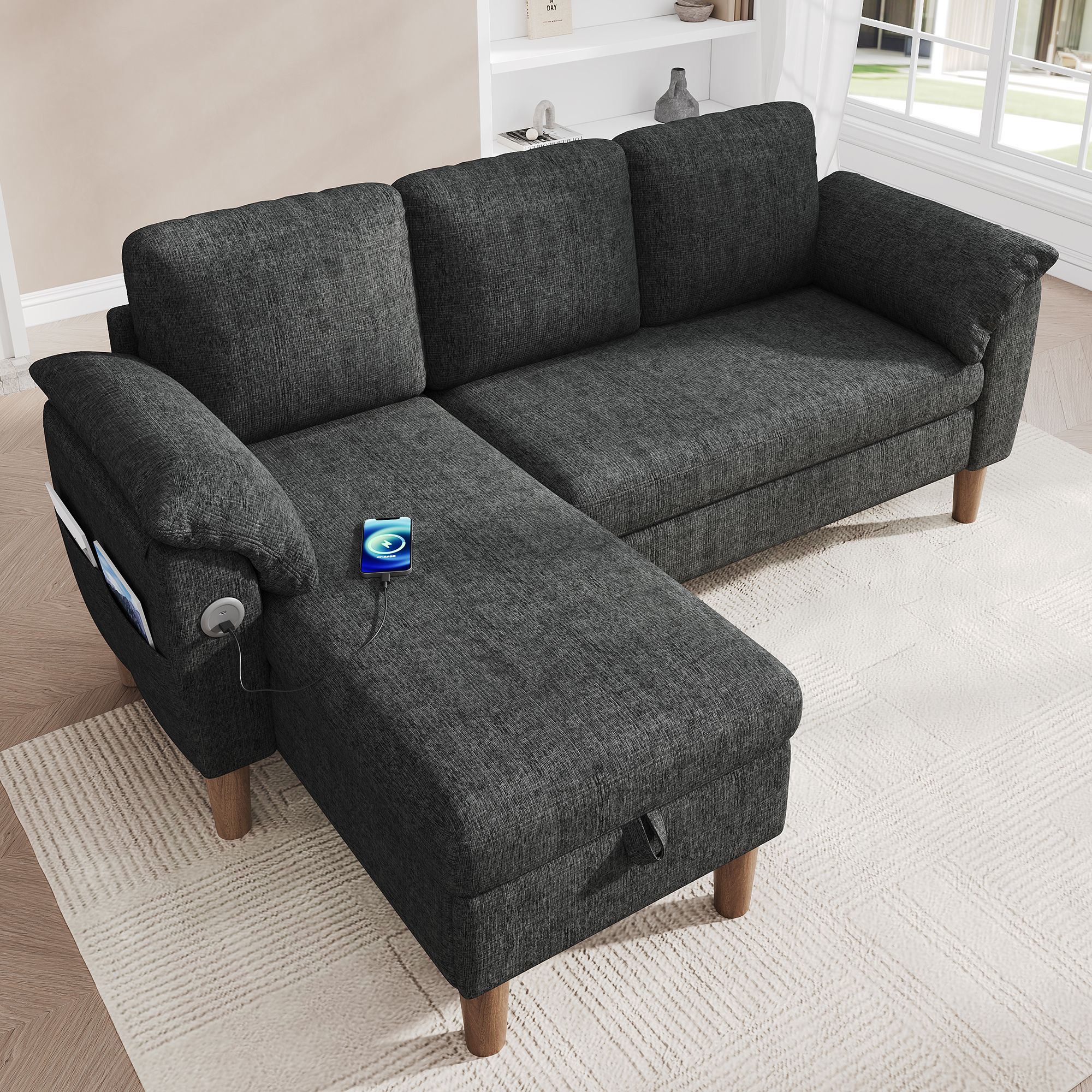Canapé d'angle 3 places en tissu chenille gris foncé, chaise longue réversible gauche/droite avec rangement intégré et ports USB Type-C pour le salon