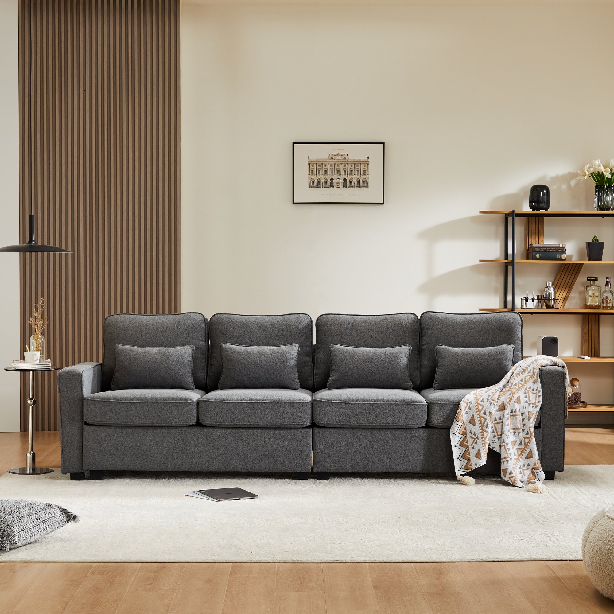 Canapé 4 Places Gris Foncé Tissu Lin Optique avec Poches Accoudoirs et 4 Coussins Lombaires pour Salon Moderne