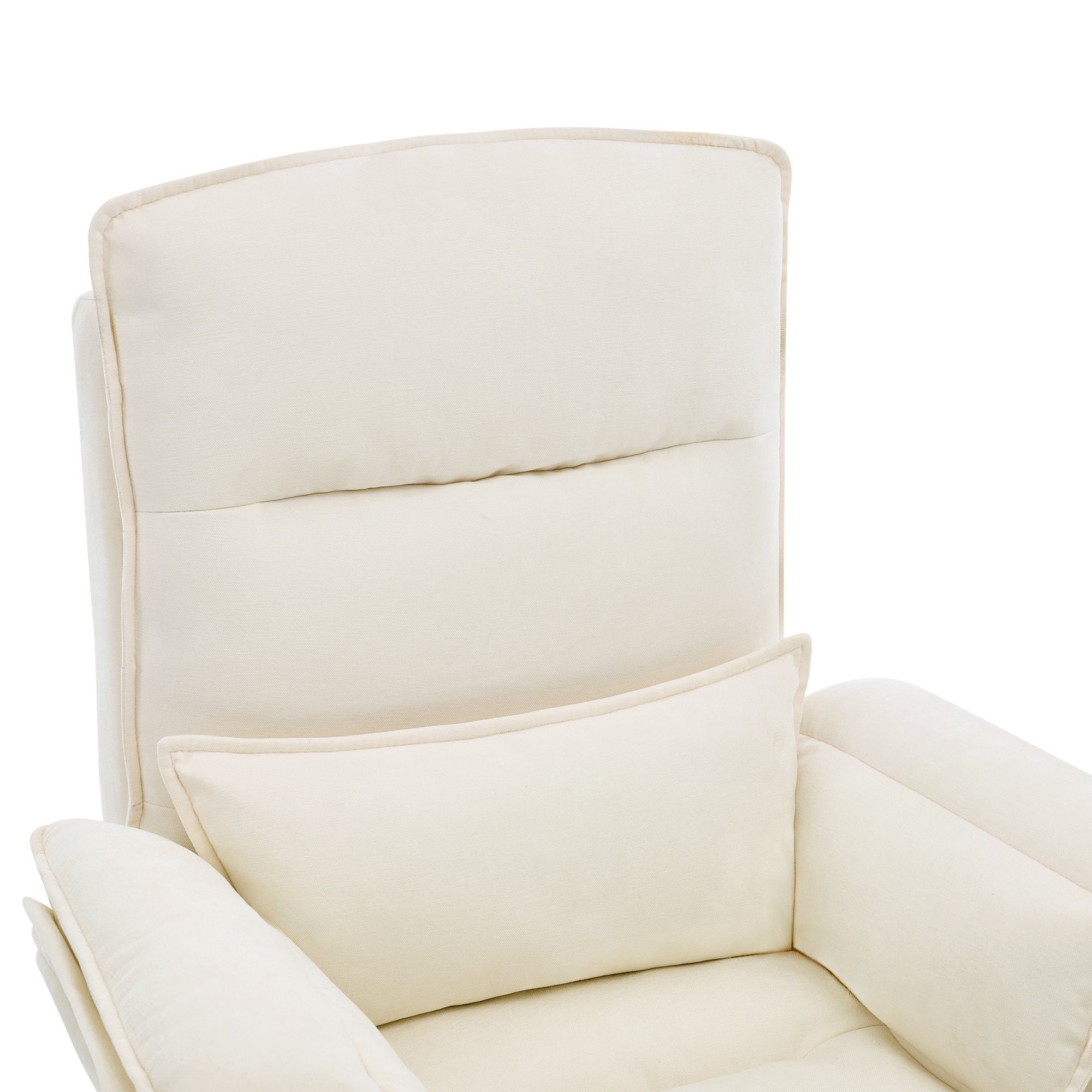 Fauteuil relax avec repose-pieds en tissu beige, dossier inclinable 5 positions, coussins tête et bras, pieds bois massif pour salon