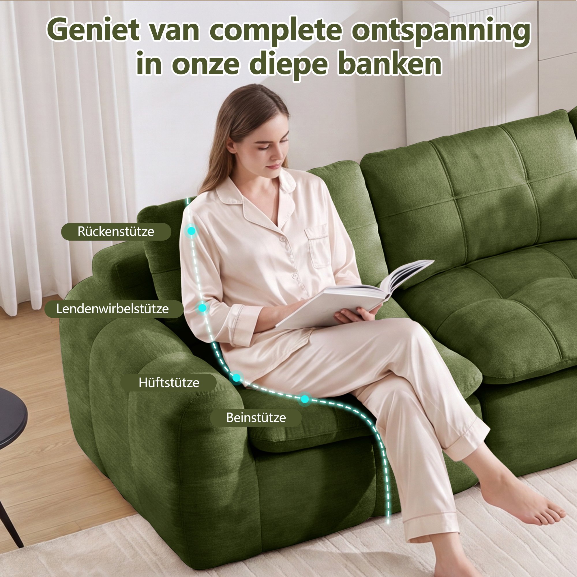 Canapé modulable sans cadre 4 places en chenille verte, mousse haute densité 32D, assise large et profonde, idéal salon moderne