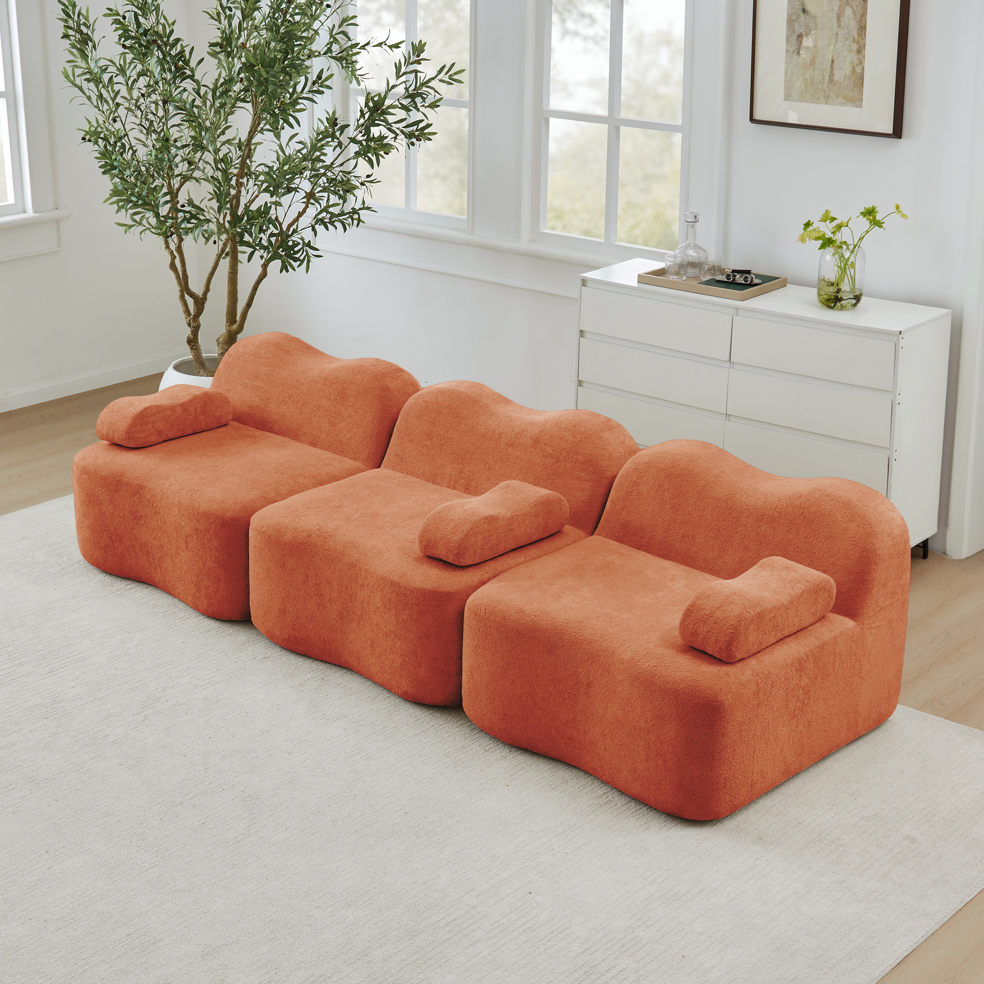 Canapé Modulable 3 Places en Velours Orange, Structure Boneless Mousse Haute Densité 32D avec Coussins Mobiles