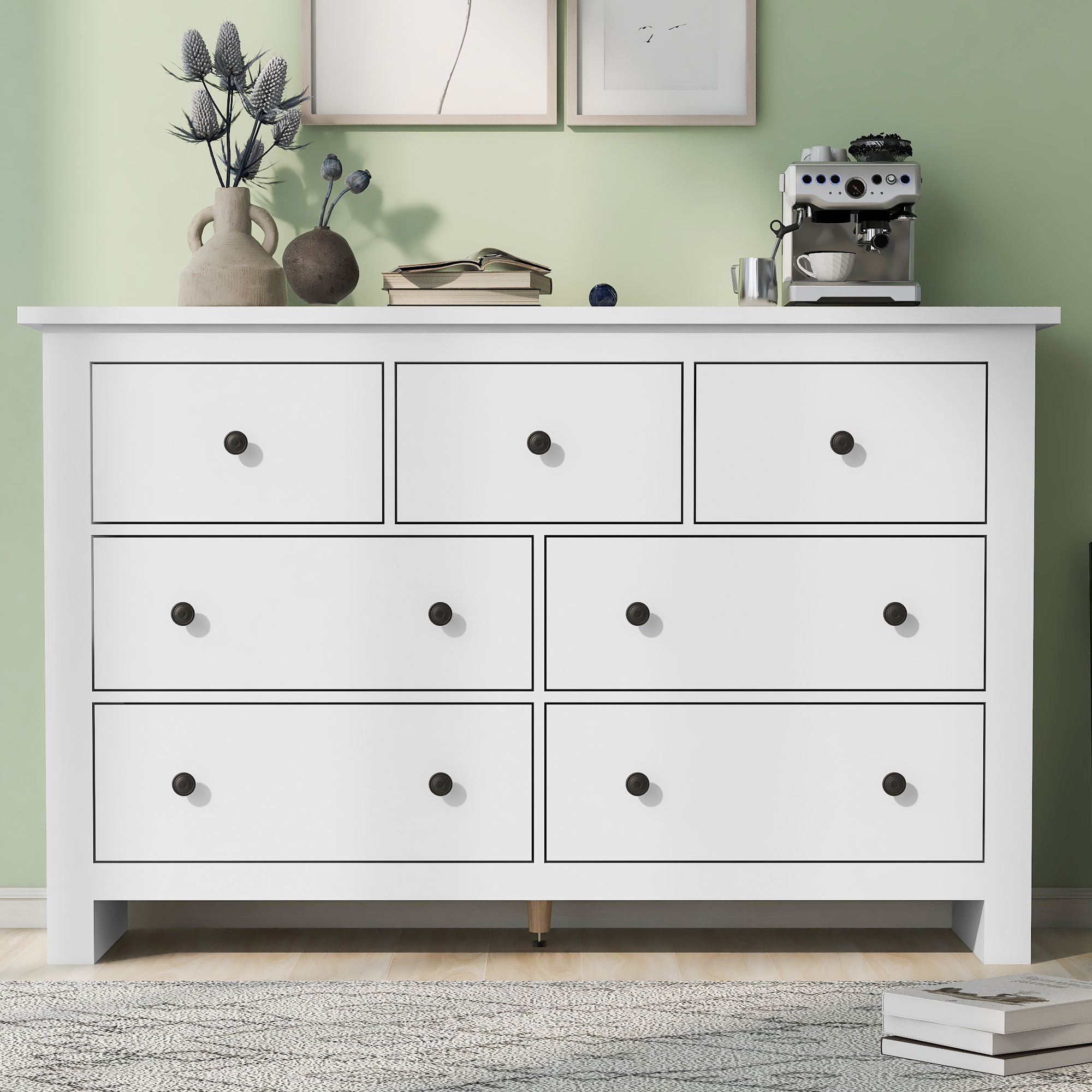 Buffet Blanc 7 Tiroirs Glissières Silencieuses Anti-Basculement Panneau de Particules 152x40x89 cm