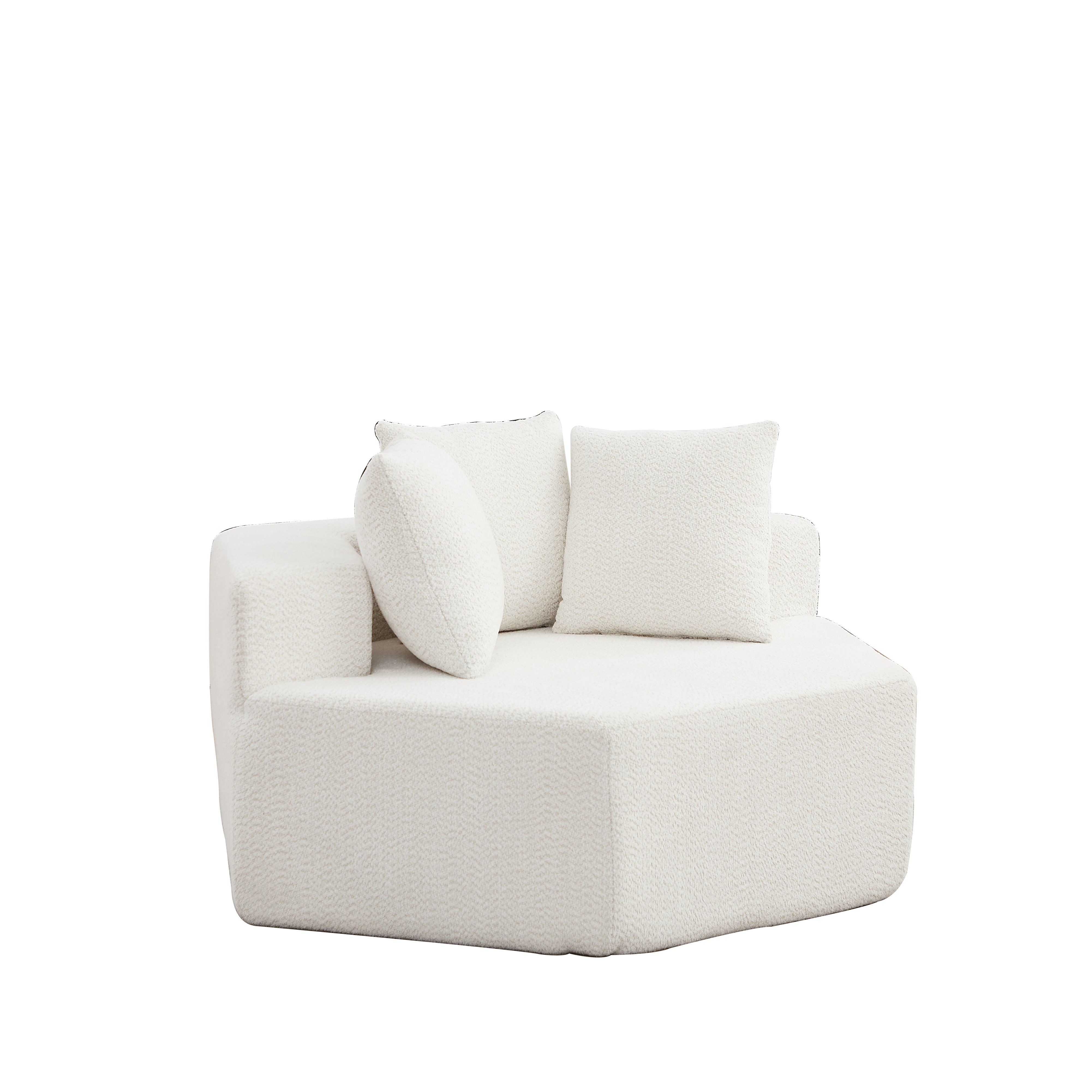 Fauteuil hexagonal 1 place en tissu chenille beige, design moderne et modularité pour le salon, confort optimal avec coussins inclus