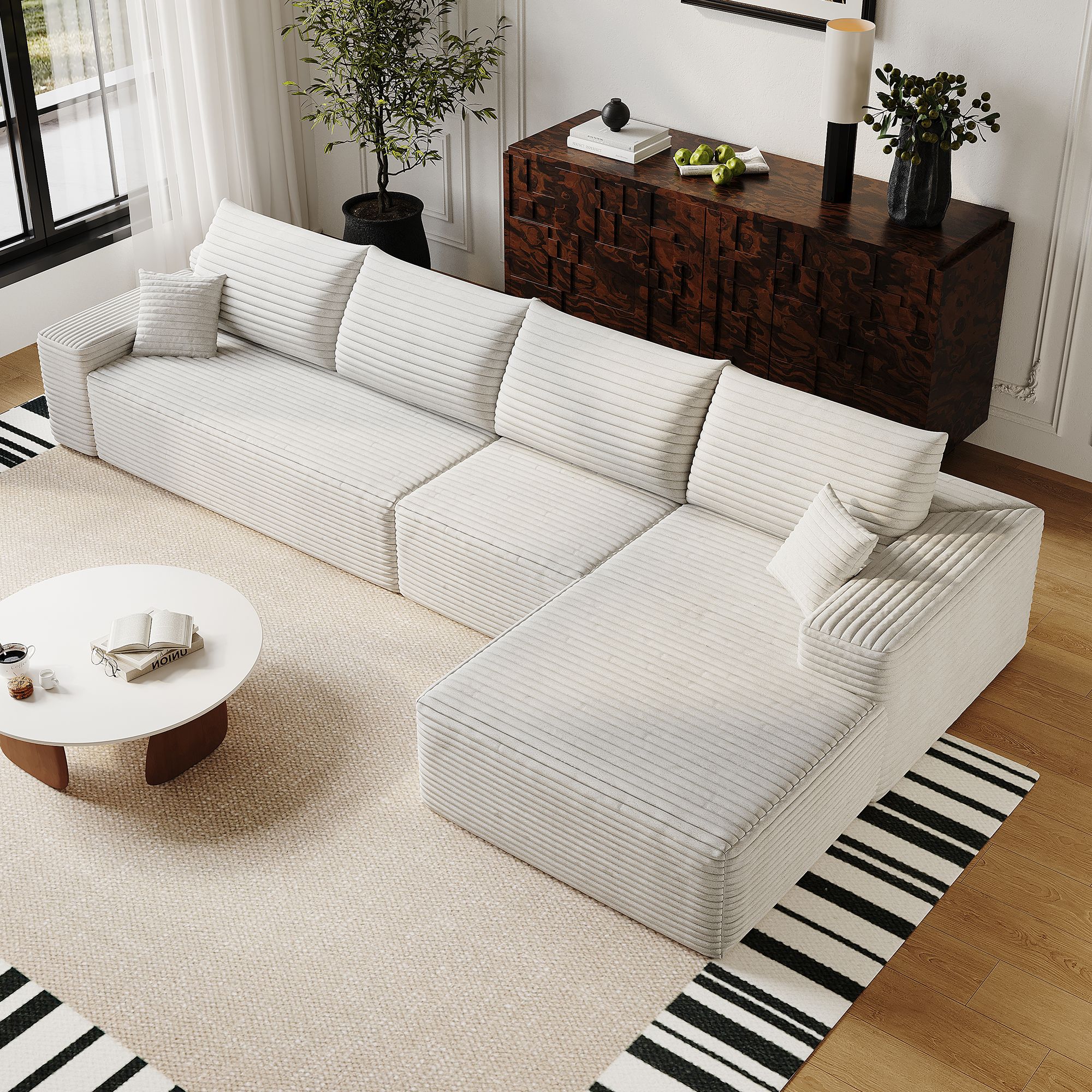 Canapé d'angle blanc 340x175x83 cm en tissu côtelé, structure modulaire avec méridienne et assise profonde pour le salon
