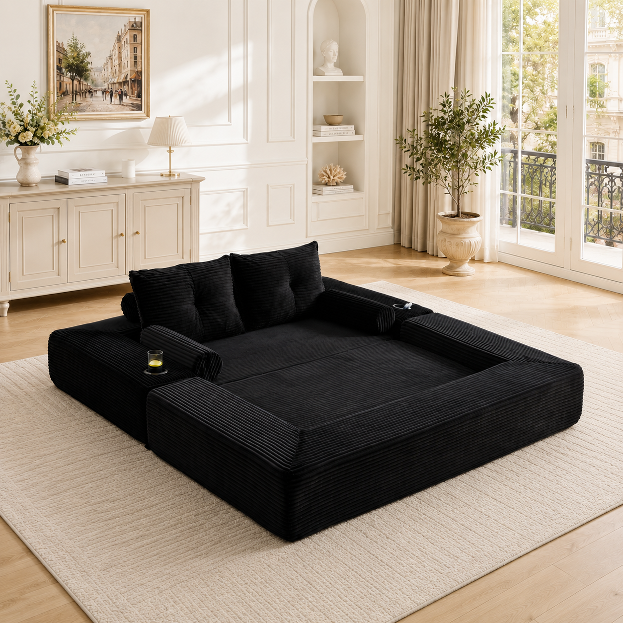 Canapé convertible 2 places en velours côtelé noir avec dossier en mousse à mémoire de forme