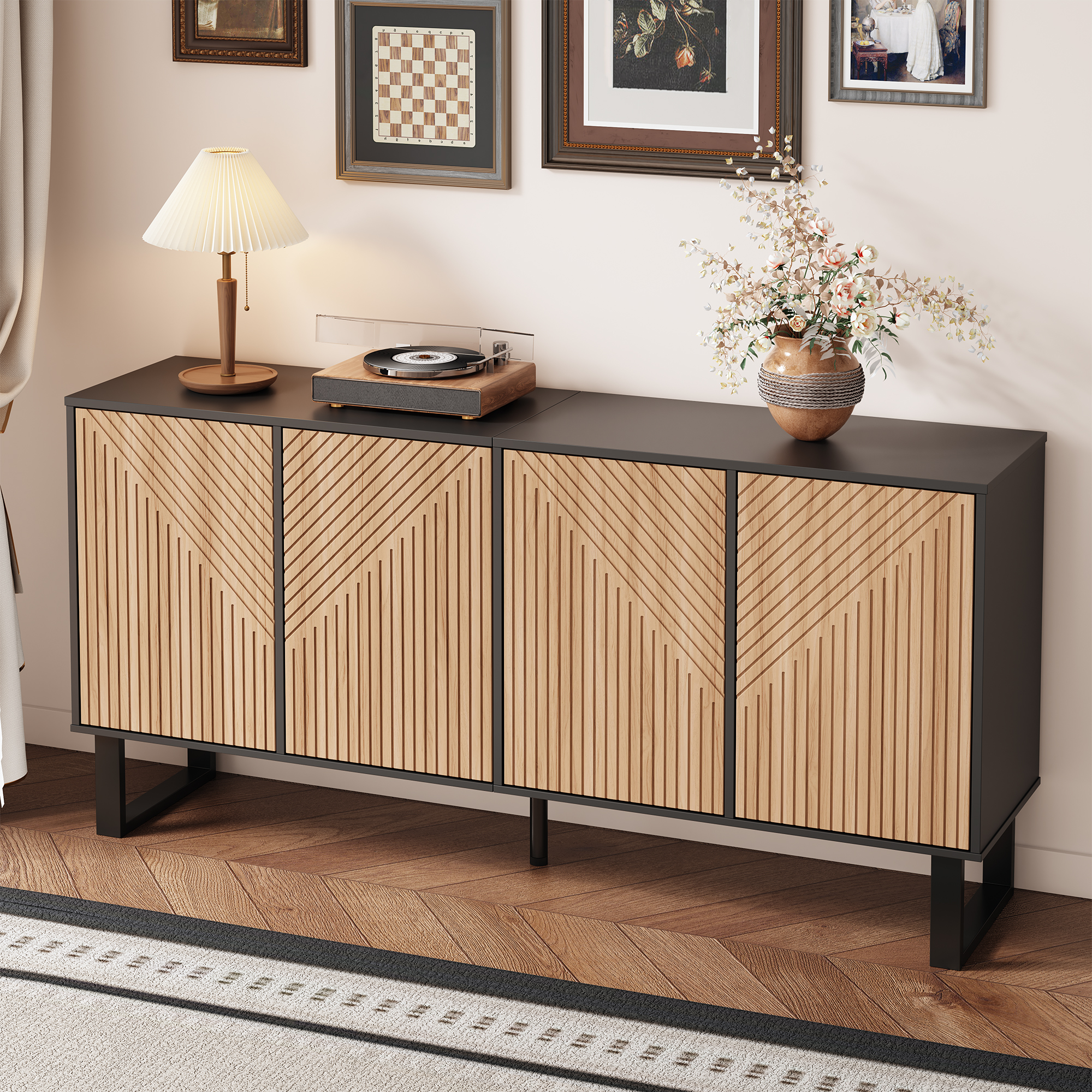 Buffet Entrée Salon avec Grand Rangement, Meuble TV Minimaliste 160 cm, Portes Striées 3D et Étagères Ouvertes