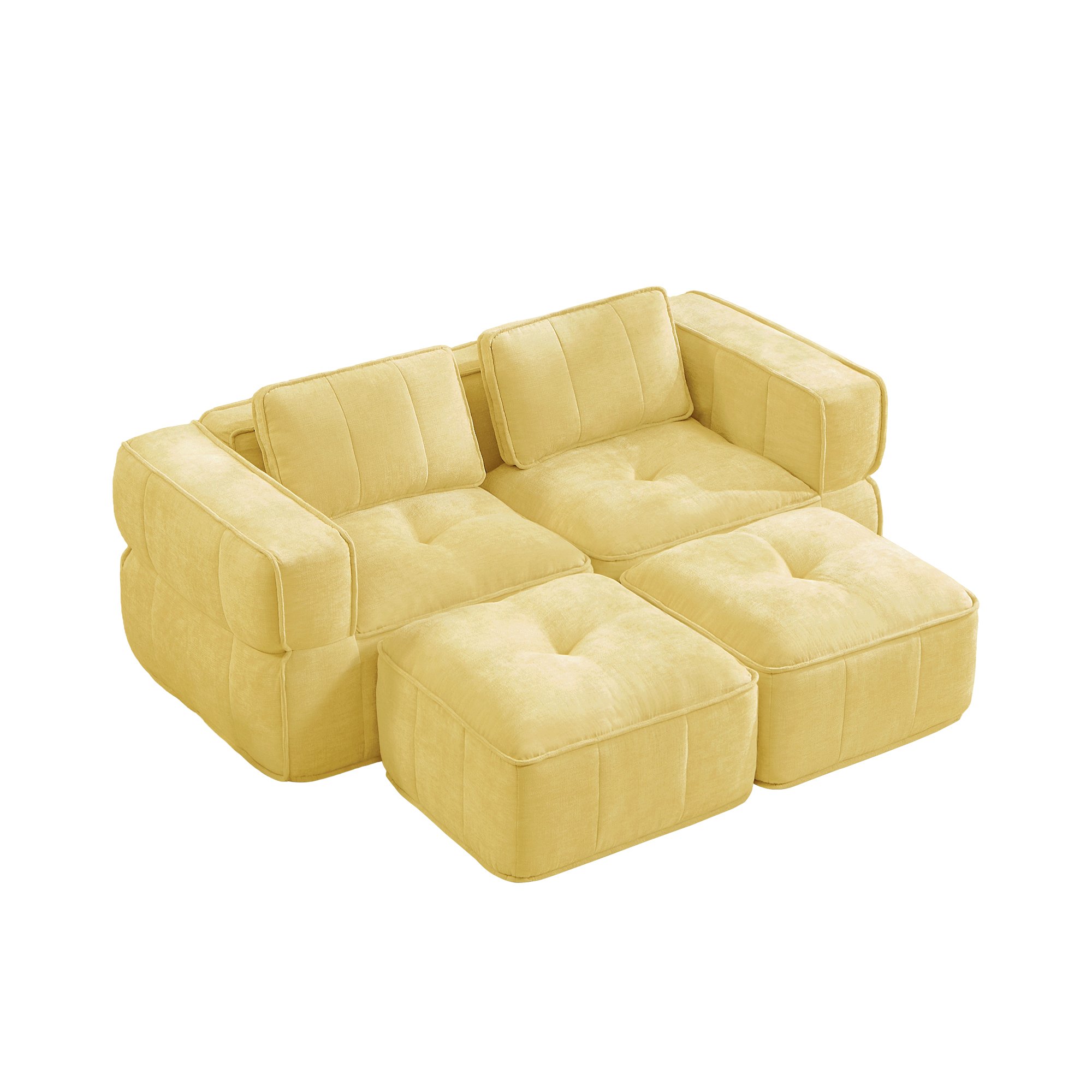 Canapé modulaire 2 places jaune en polyester avec deux poufs, assise profonde mousse 32D, sans montage requis pour le salon