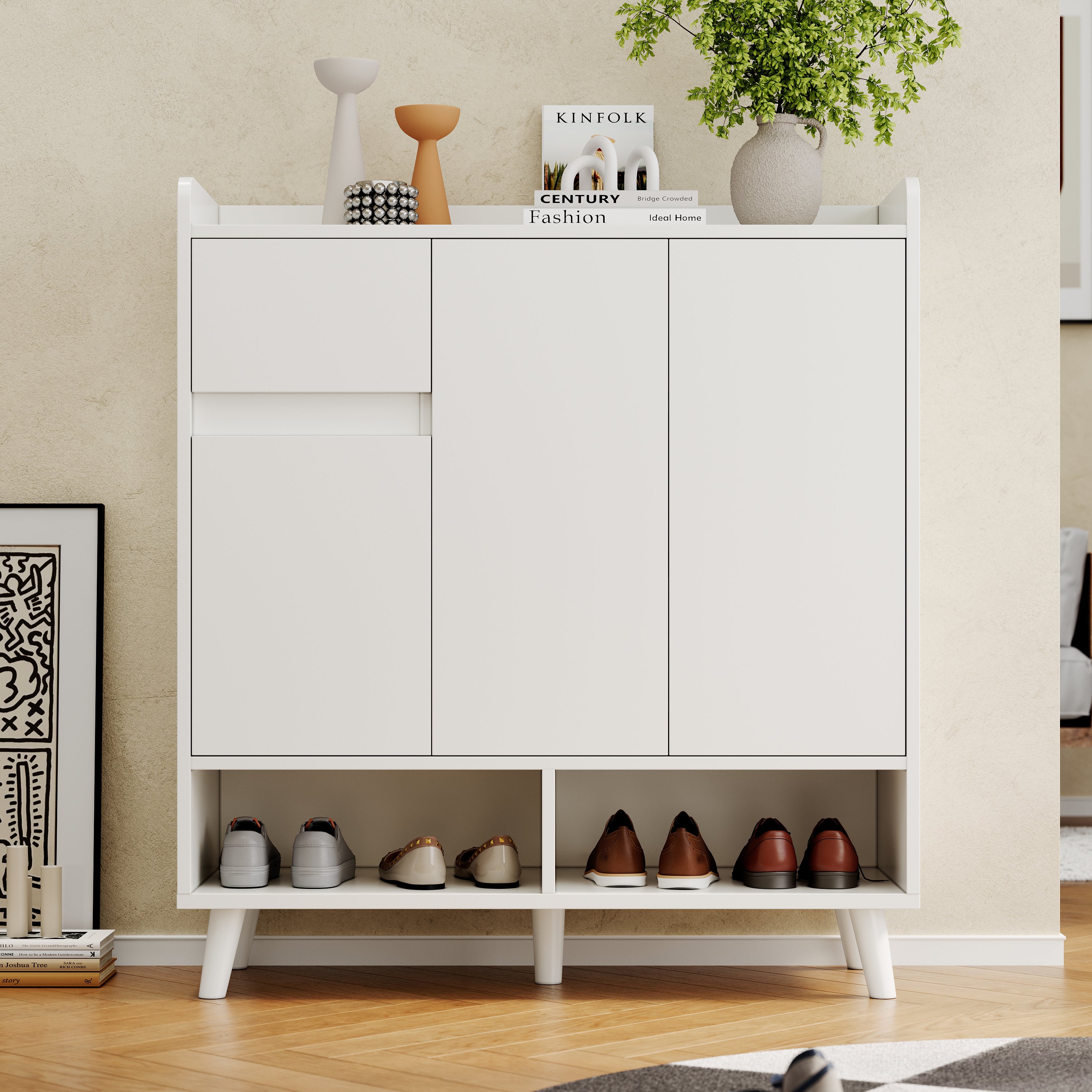Meuble à chaussures blanc, Meuble de rangement moderne avec étagères réglables et pieds en bois massif, Dimensions 90x35x99 cm