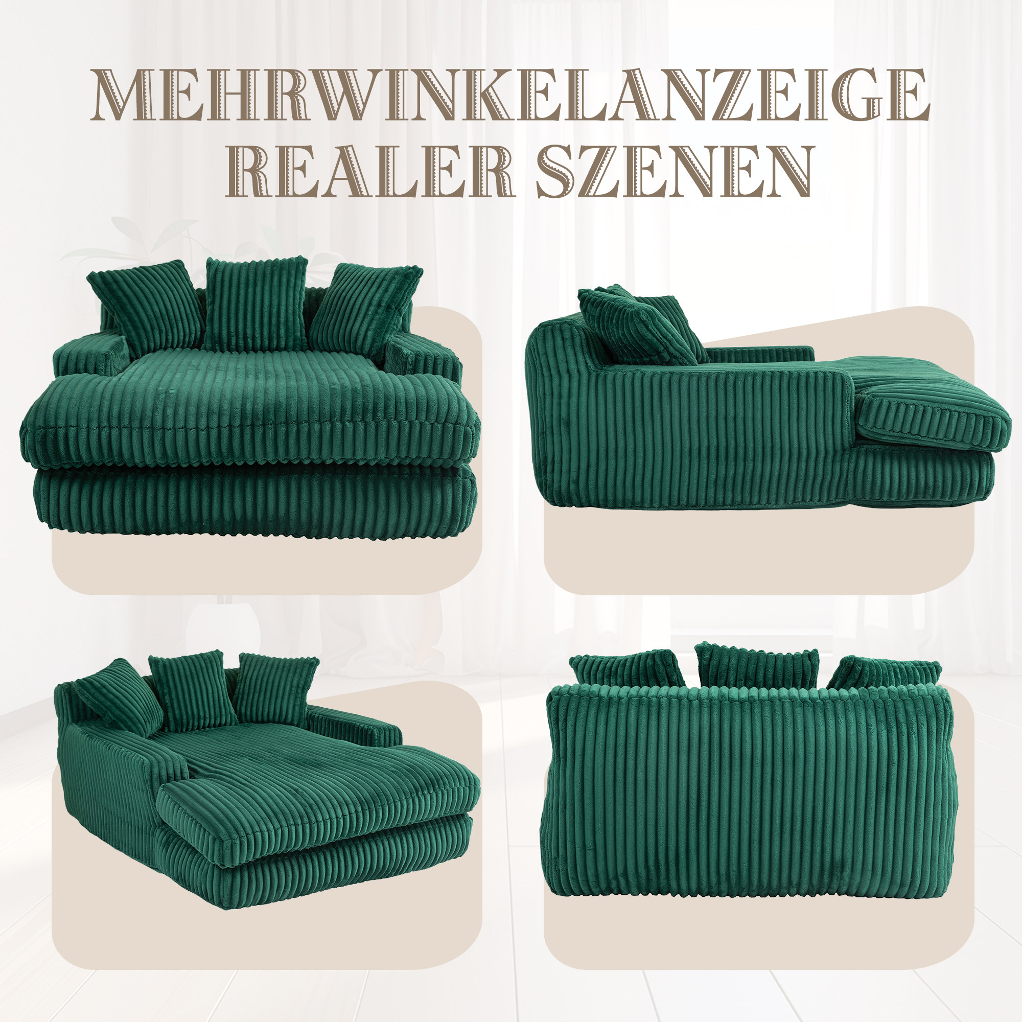 Canapé compact 1 place en velours côtelé vert émeraude avec 3 coussins, pour petit salon, sans montage