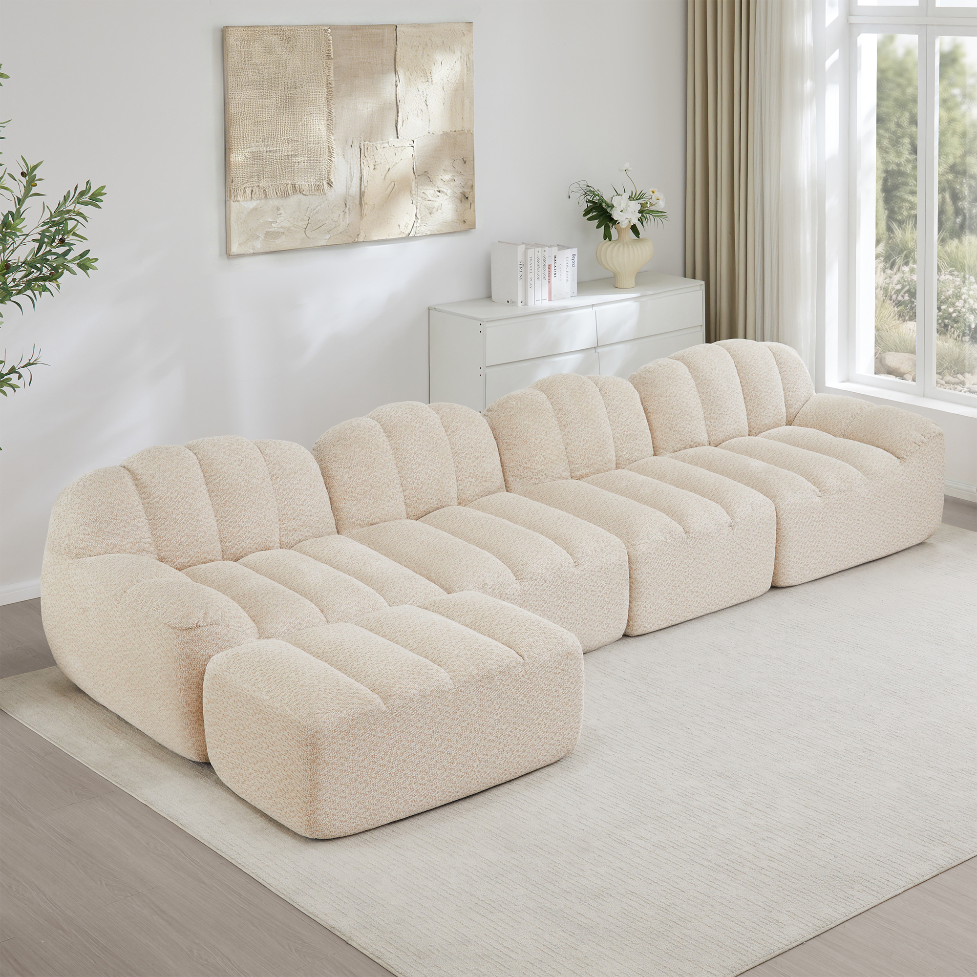 Canapé Modulable 4 Places Dimensions 366x165x79 Cm, Grand Canapé d'Angle avec Ottoman, Revêtement Tissu Granuleux Beige Blanc
