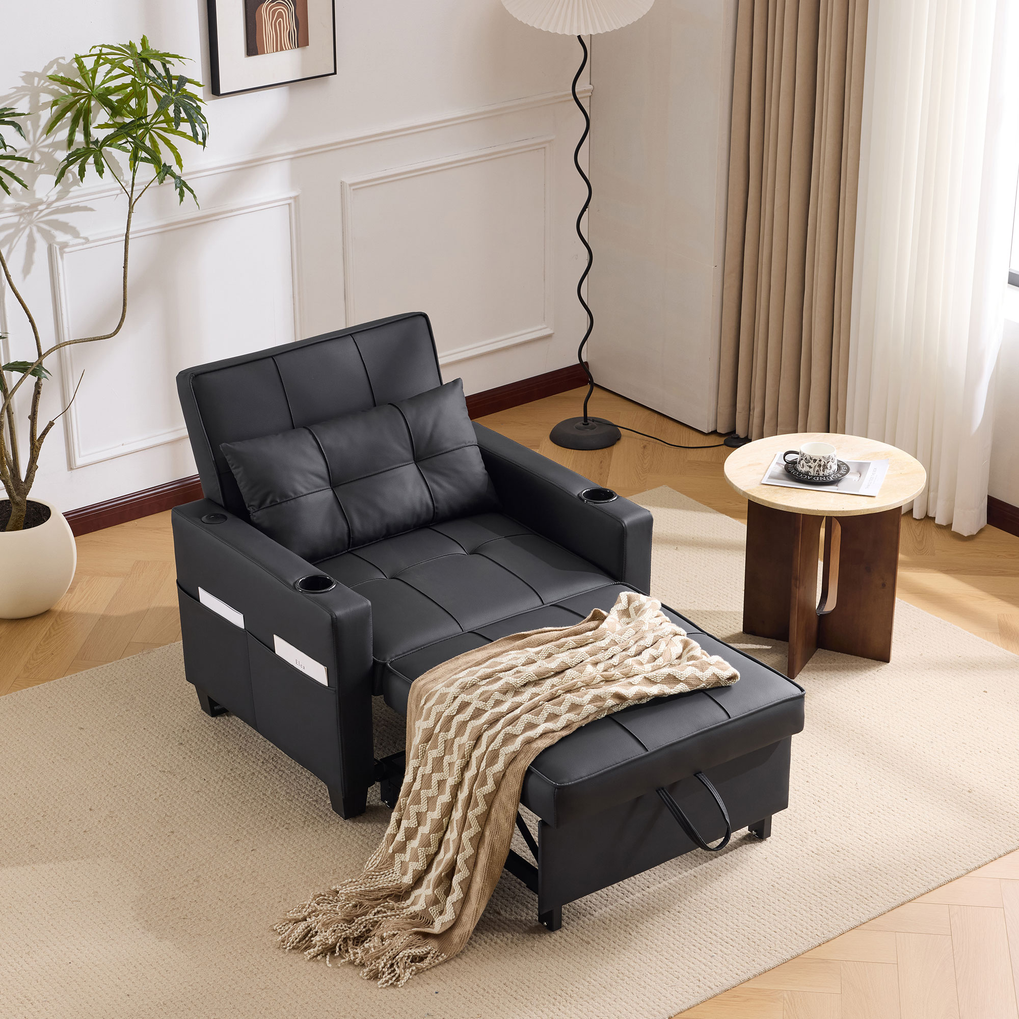 Fauteuil Convertible Noir Simili Cuir - Structure Renforcée Acier et Bois Massif, Dimensions 74x87x84 cm, Design Moderne